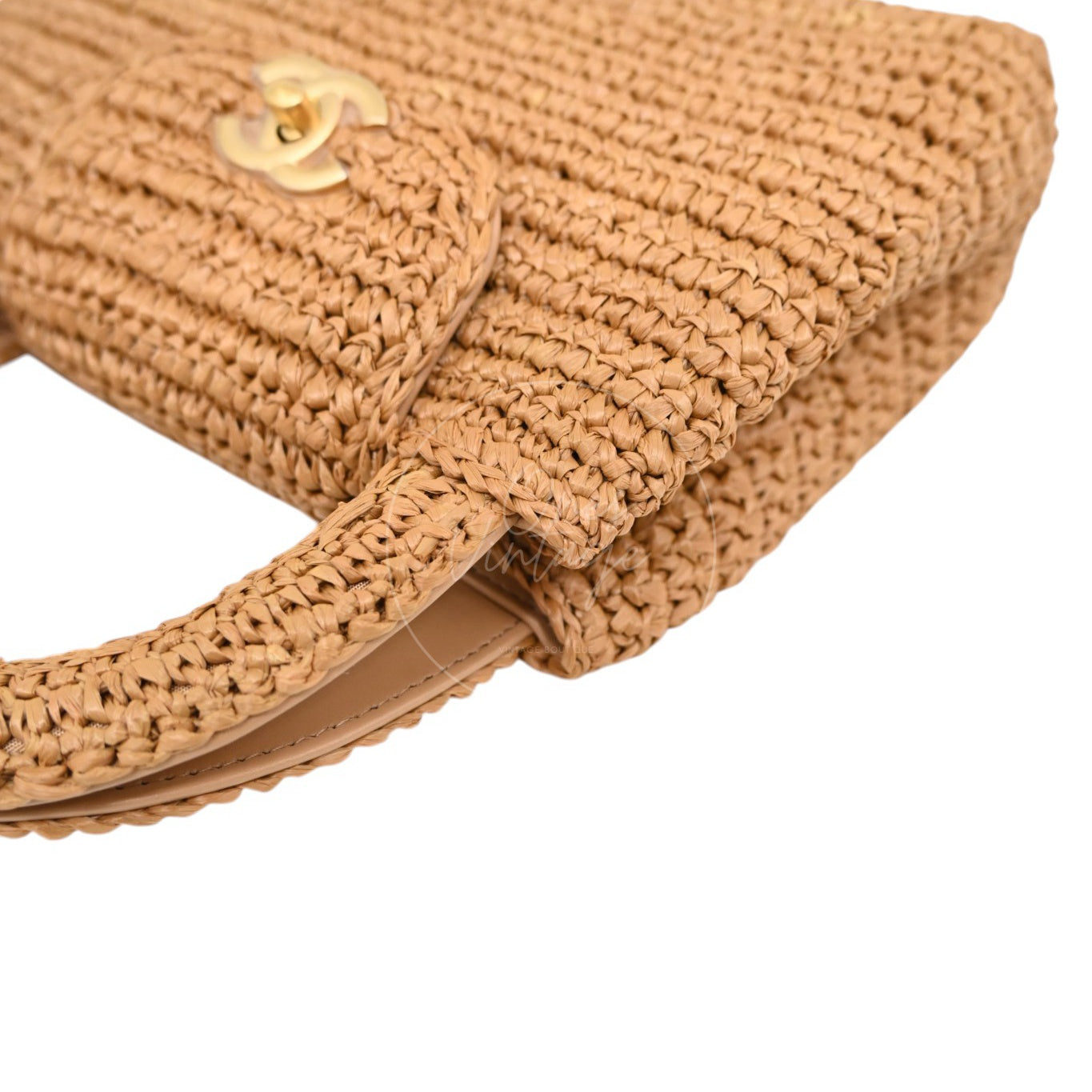 [Pre-owned] Chanel Mini Straw Weave Gold Metal Dark Beige Shopping Bag