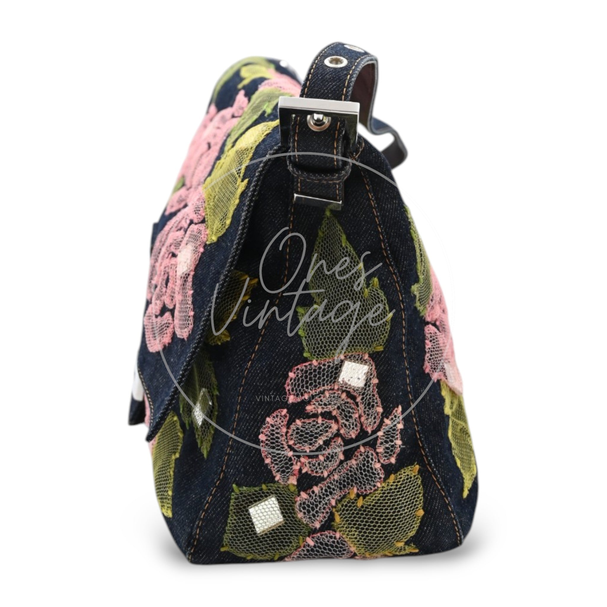 Fendi Denim Floral Baguette Handbag