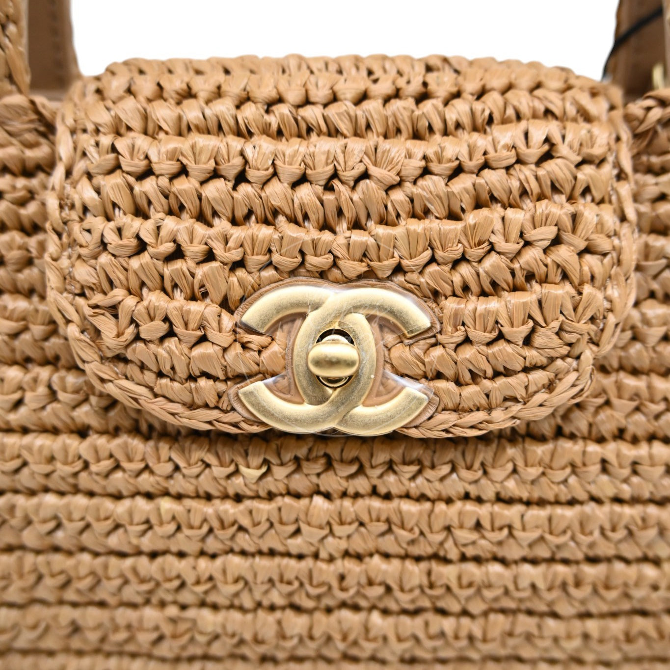 [Pre-owned] Chanel Mini Straw Weave Gold Metal Dark Beige Shopping Bag