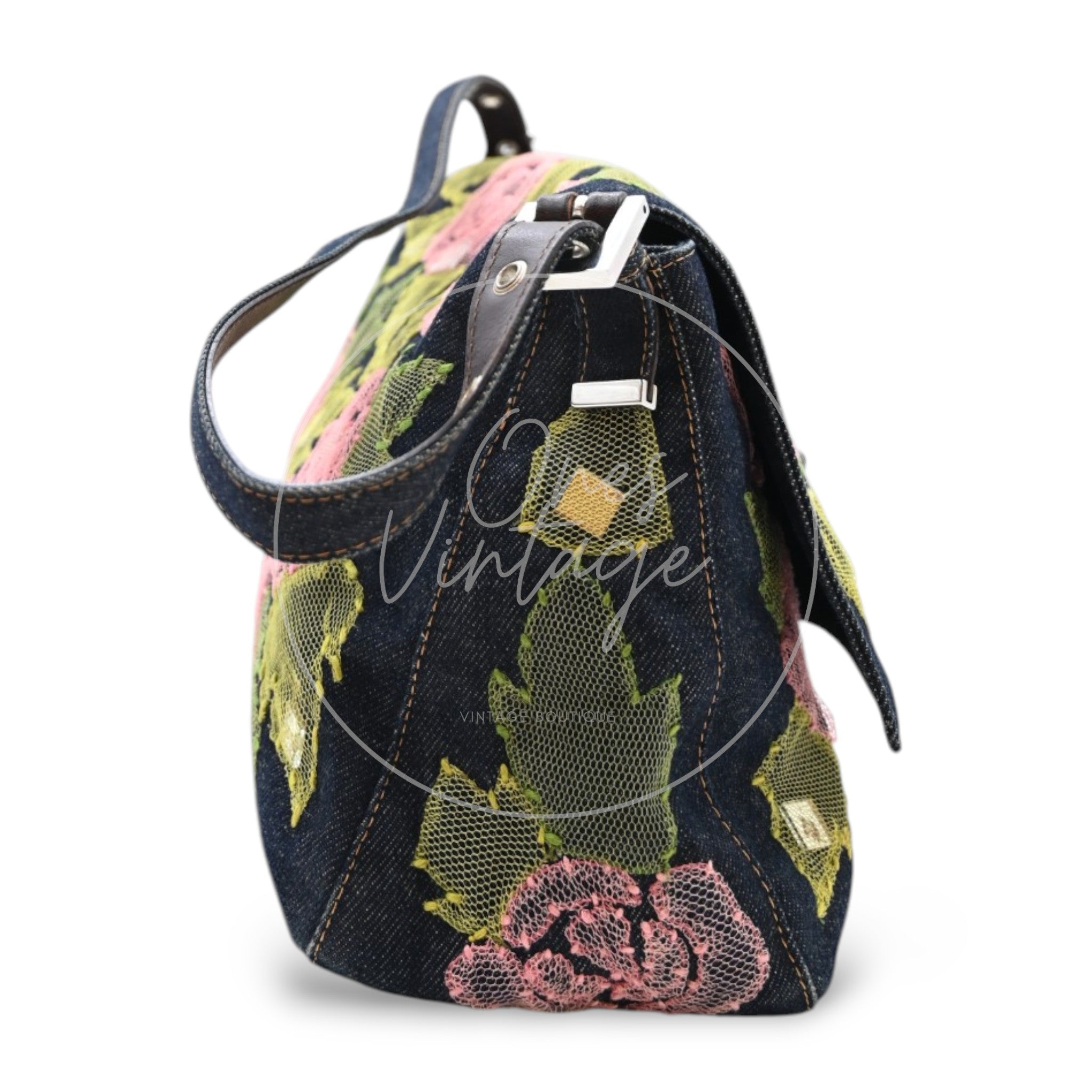 Fendi Denim Floral Baguette Handbag