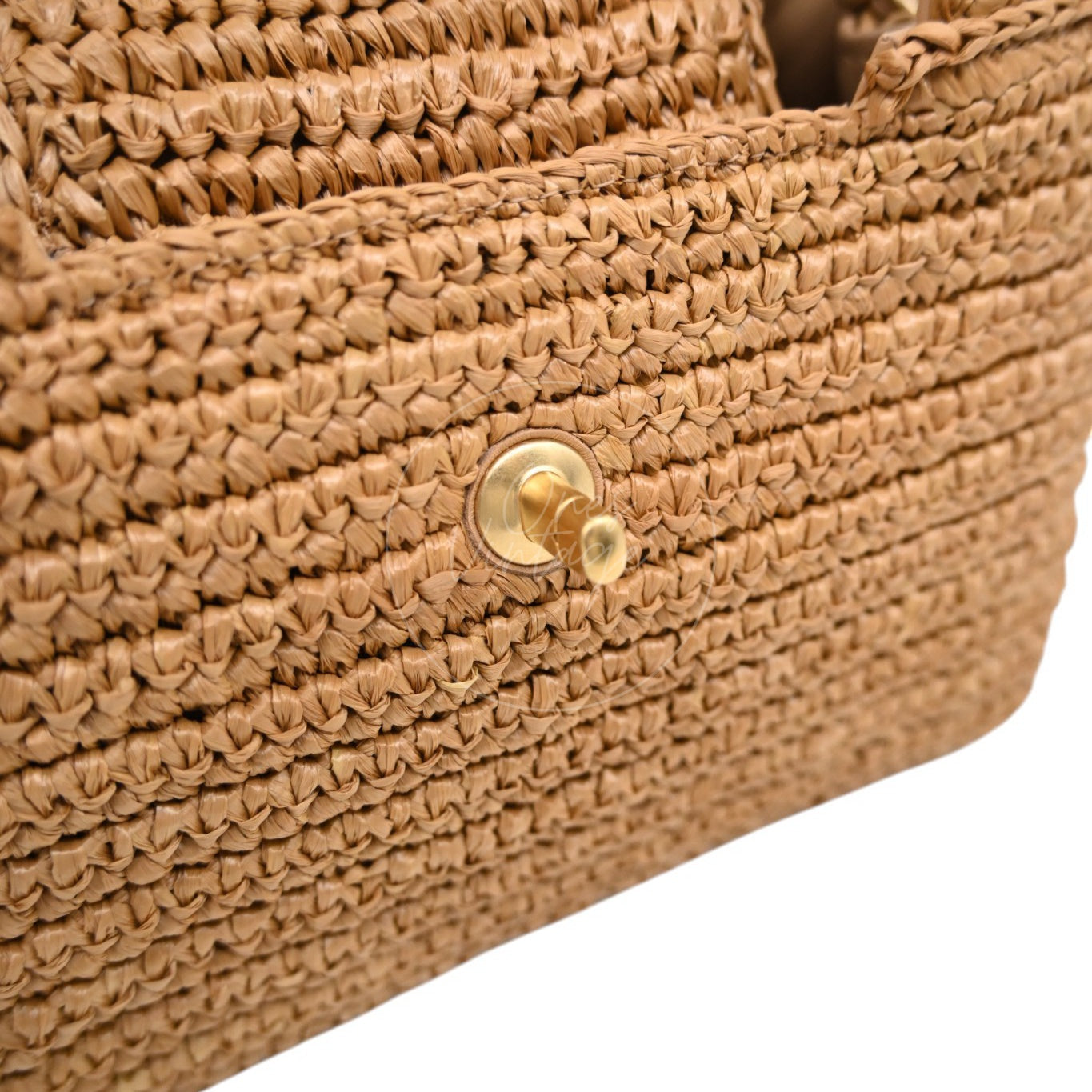 [Pre-owned] Chanel Mini Straw Weave Gold Metal Dark Beige Shopping Bag