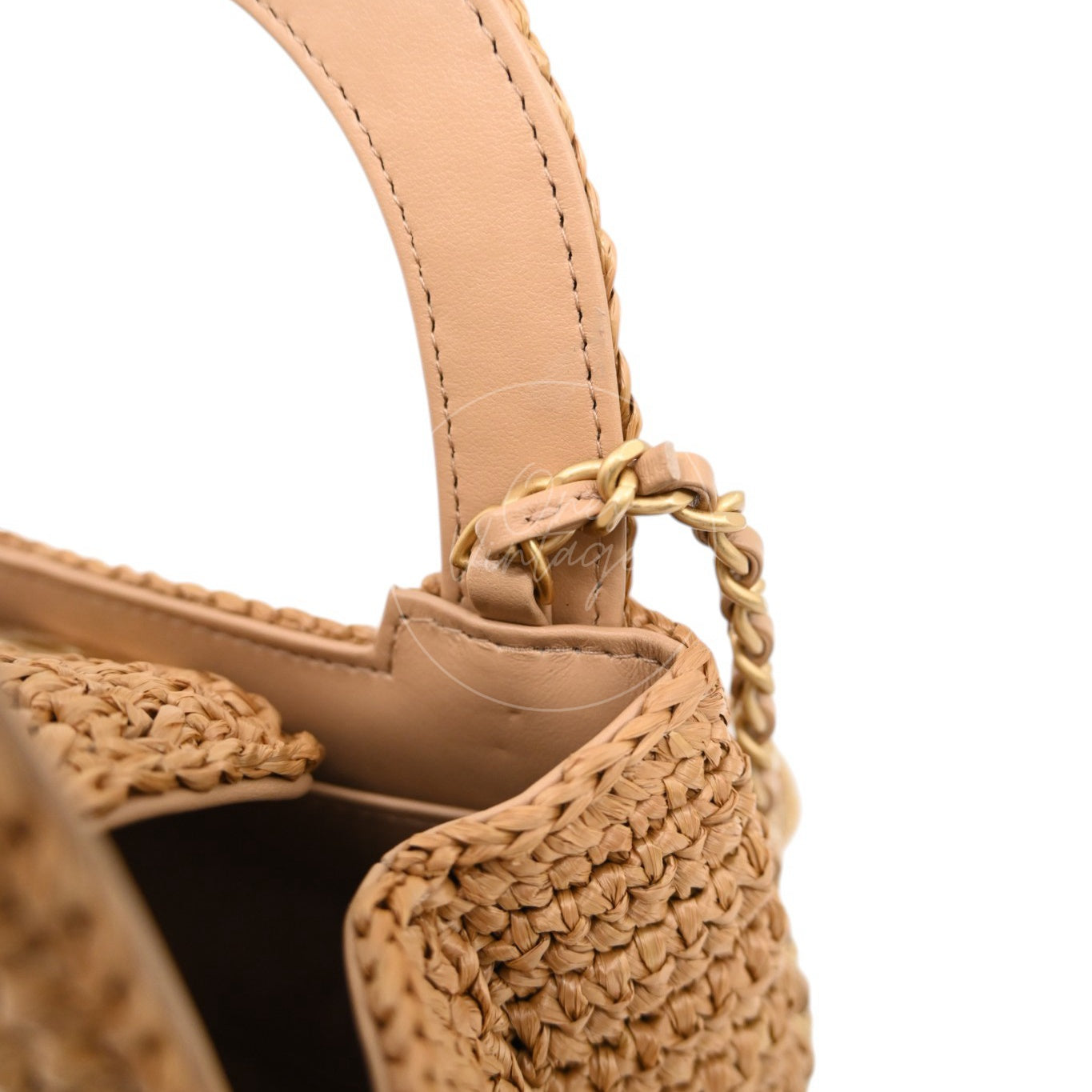 [Pre-owned] Chanel Mini Straw Weave Gold Metal Dark Beige Shopping Bag