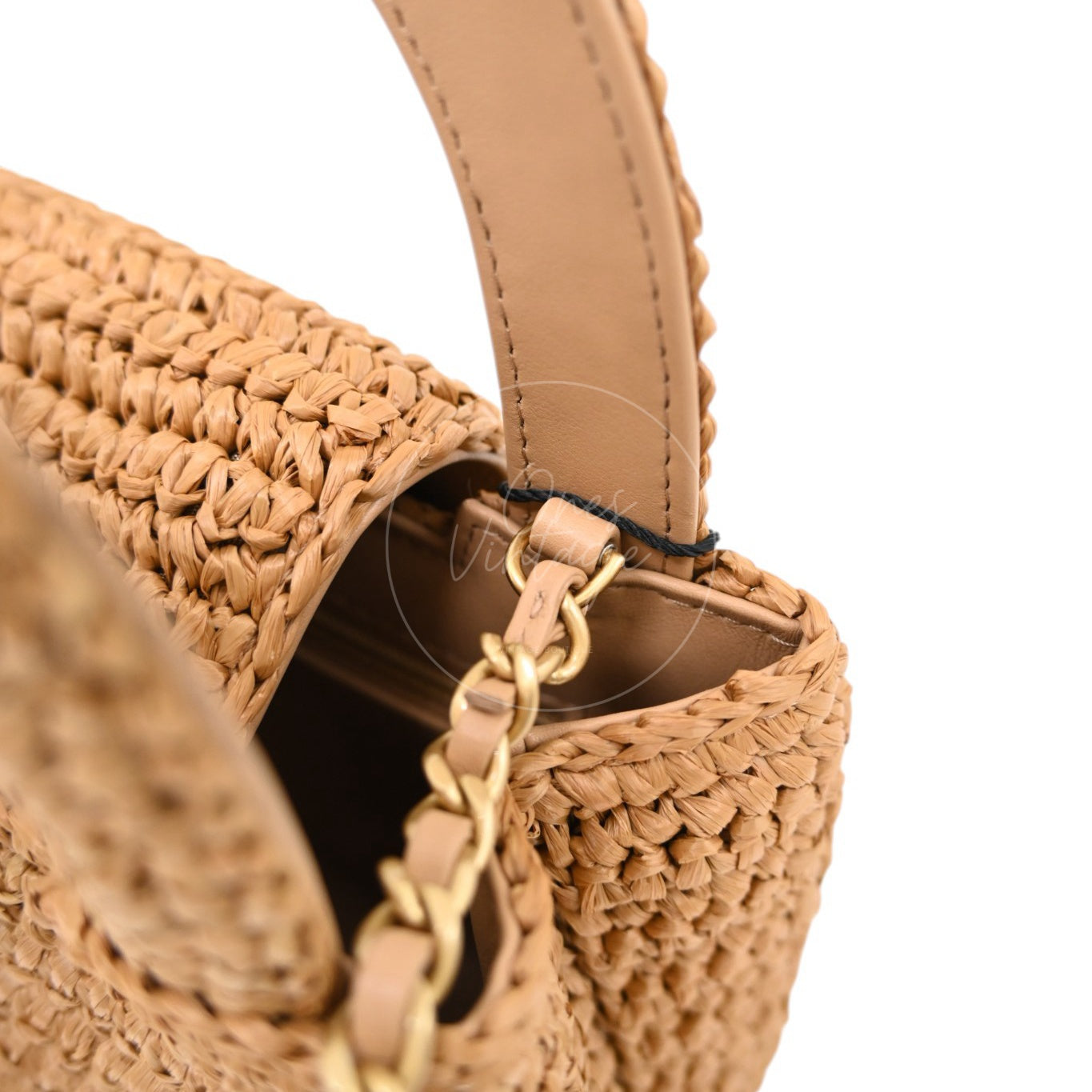 [Pre-owned] Chanel Mini Straw Weave Gold Metal Dark Beige Shopping Bag