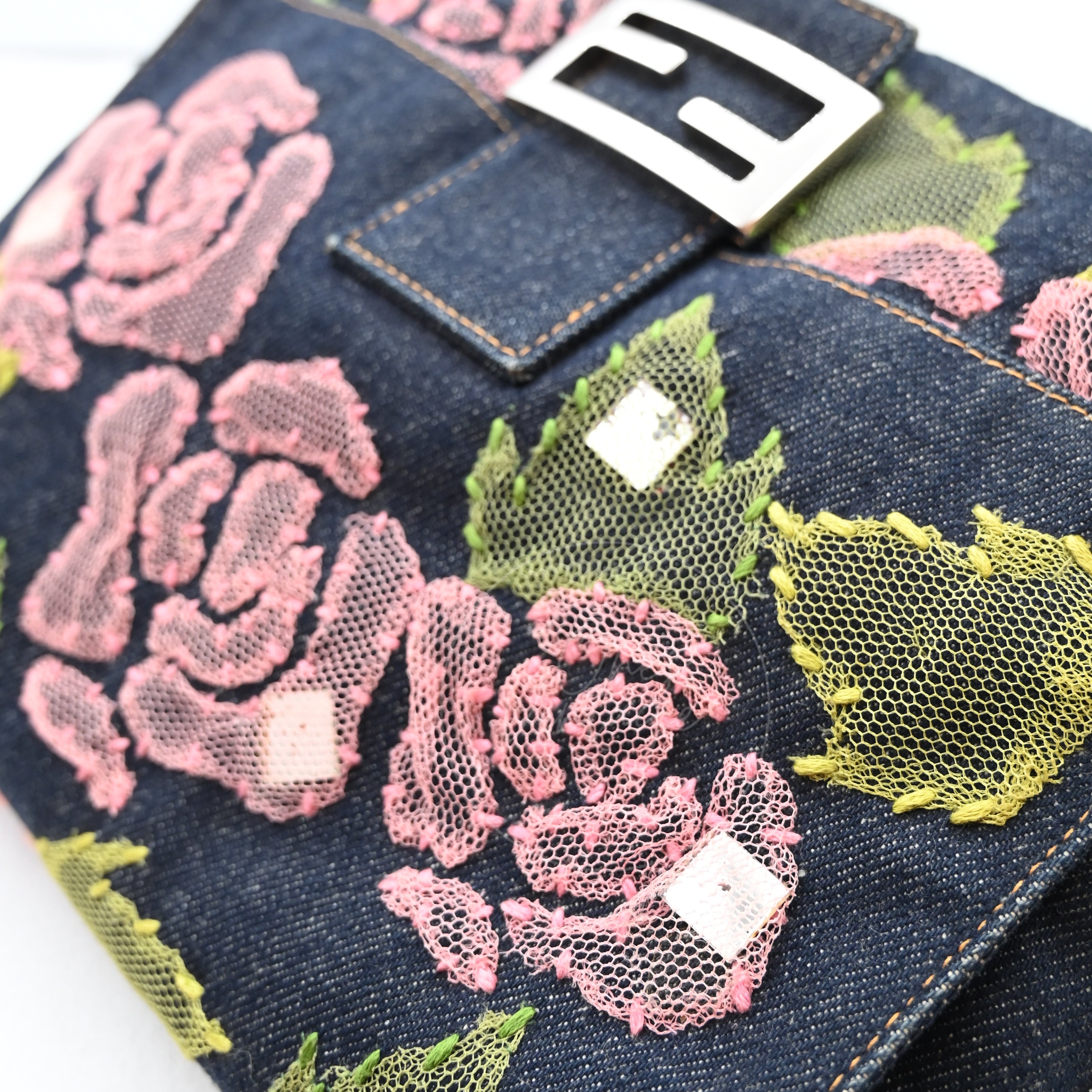 Fendi Denim Floral Baguette Handbag