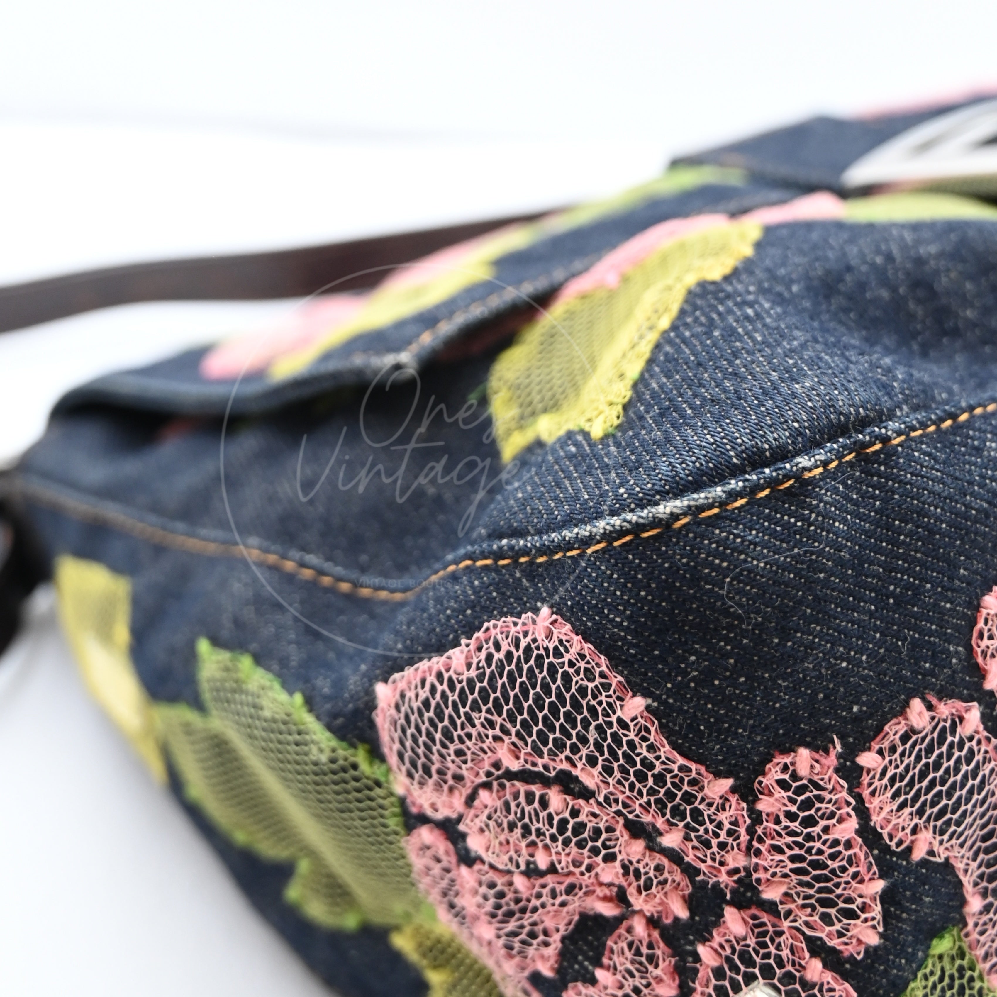 Fendi Denim Floral Baguette Handbag