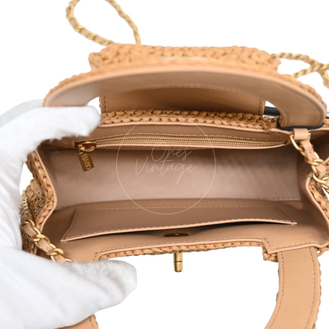 [Pre-owned] Chanel Mini Straw Weave Gold Metal Dark Beige Shopping Bag