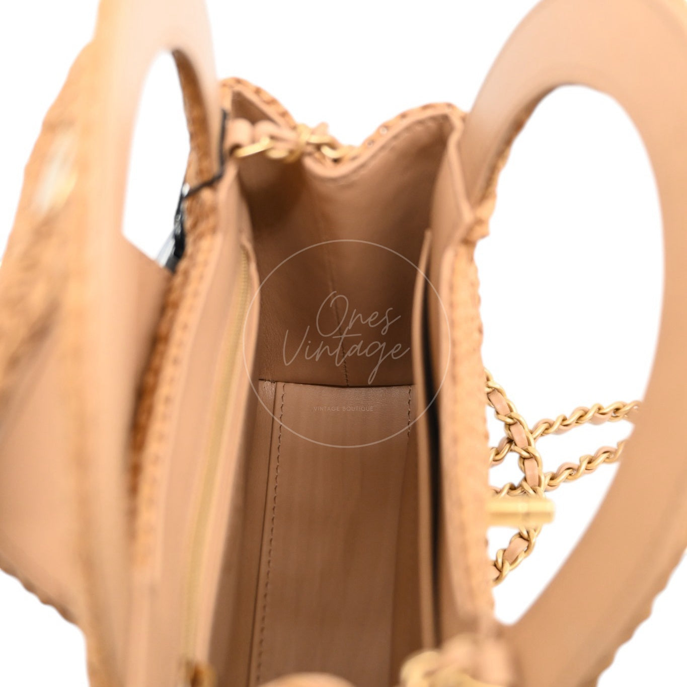 [Pre-owned] Chanel Mini Straw Weave Gold Metal Dark Beige Shopping Bag