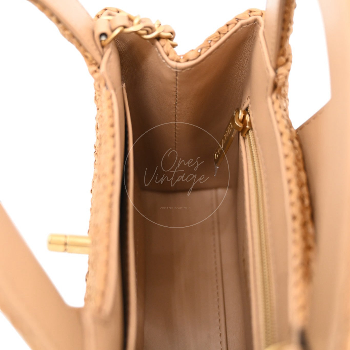 [Pre-owned] Chanel Mini Straw Weave Gold Metal Dark Beige Shopping Bag
