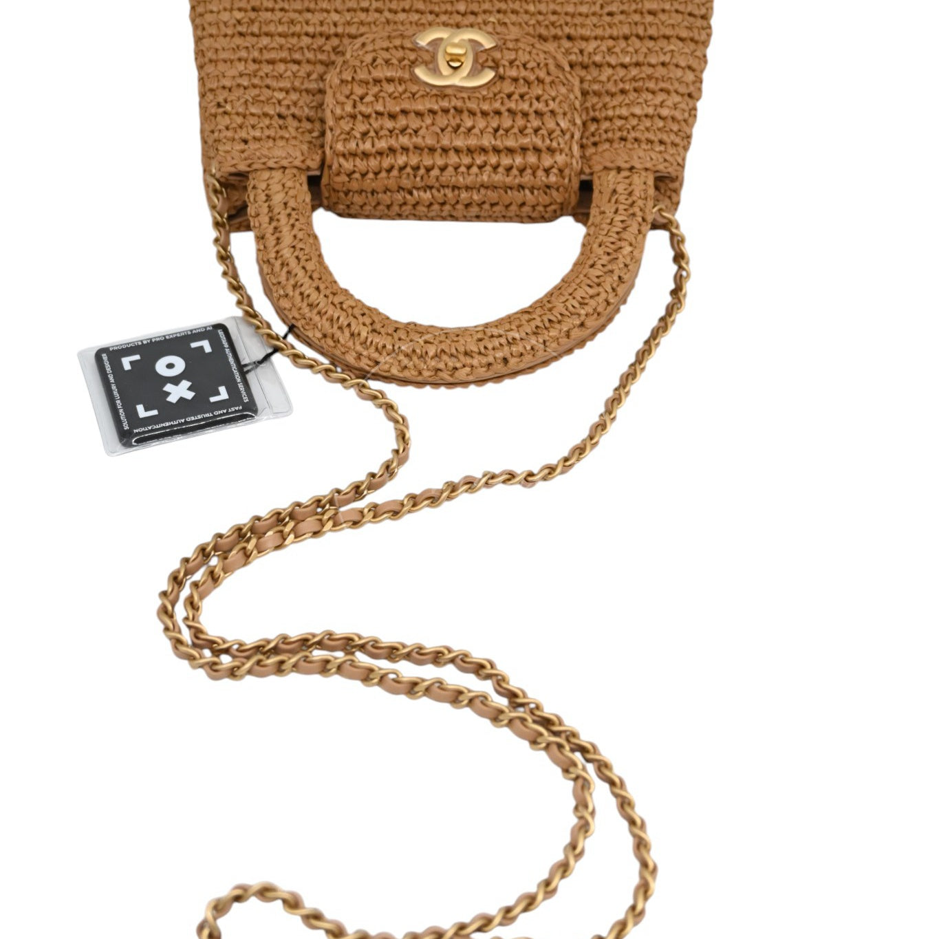 [Pre-owned] Chanel Mini Straw Weave Gold Metal Dark Beige Shopping Bag