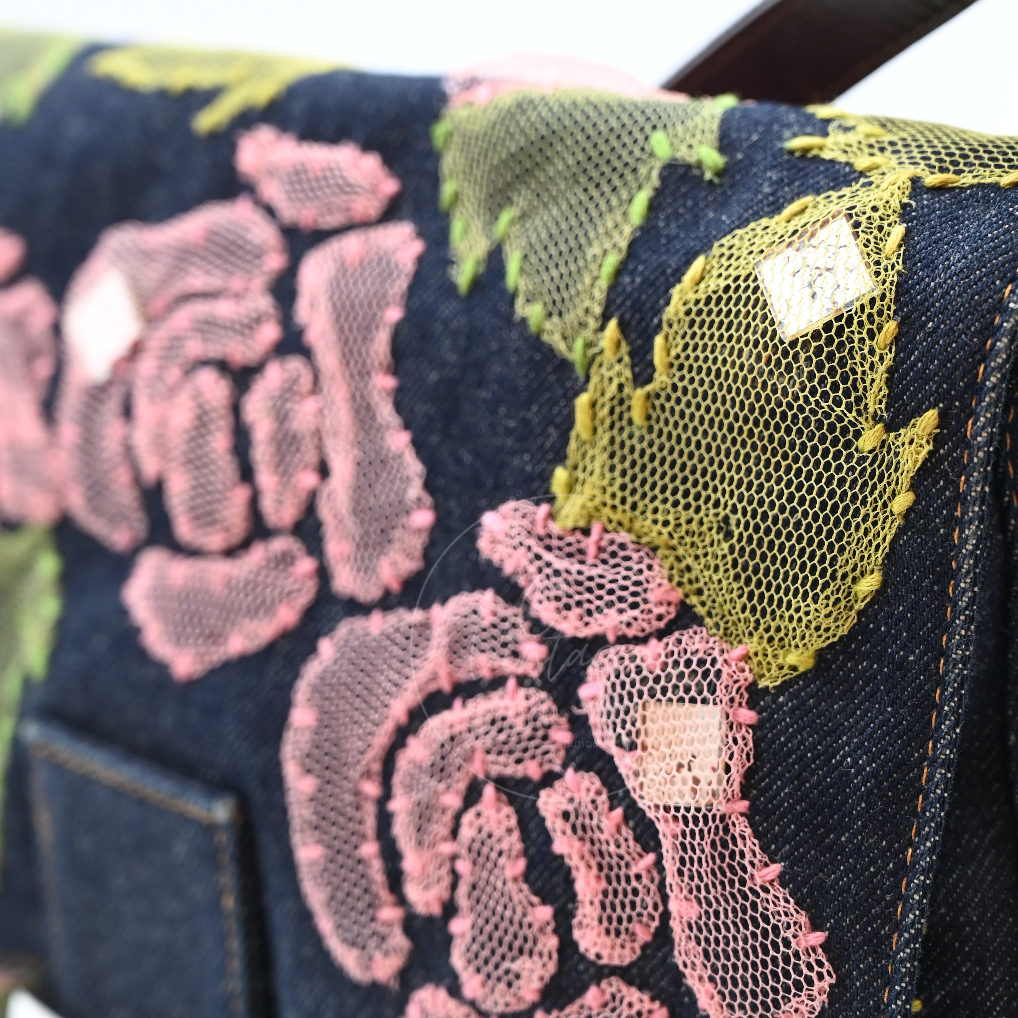 Fendi Denim Floral Baguette Handbag