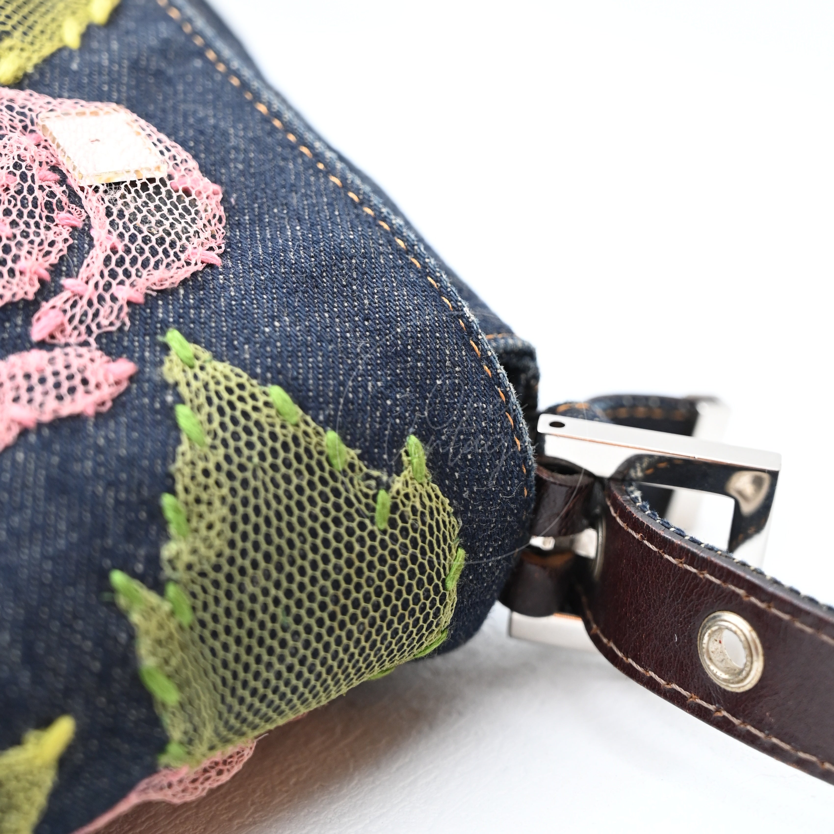 Fendi Denim Floral Baguette Handbag