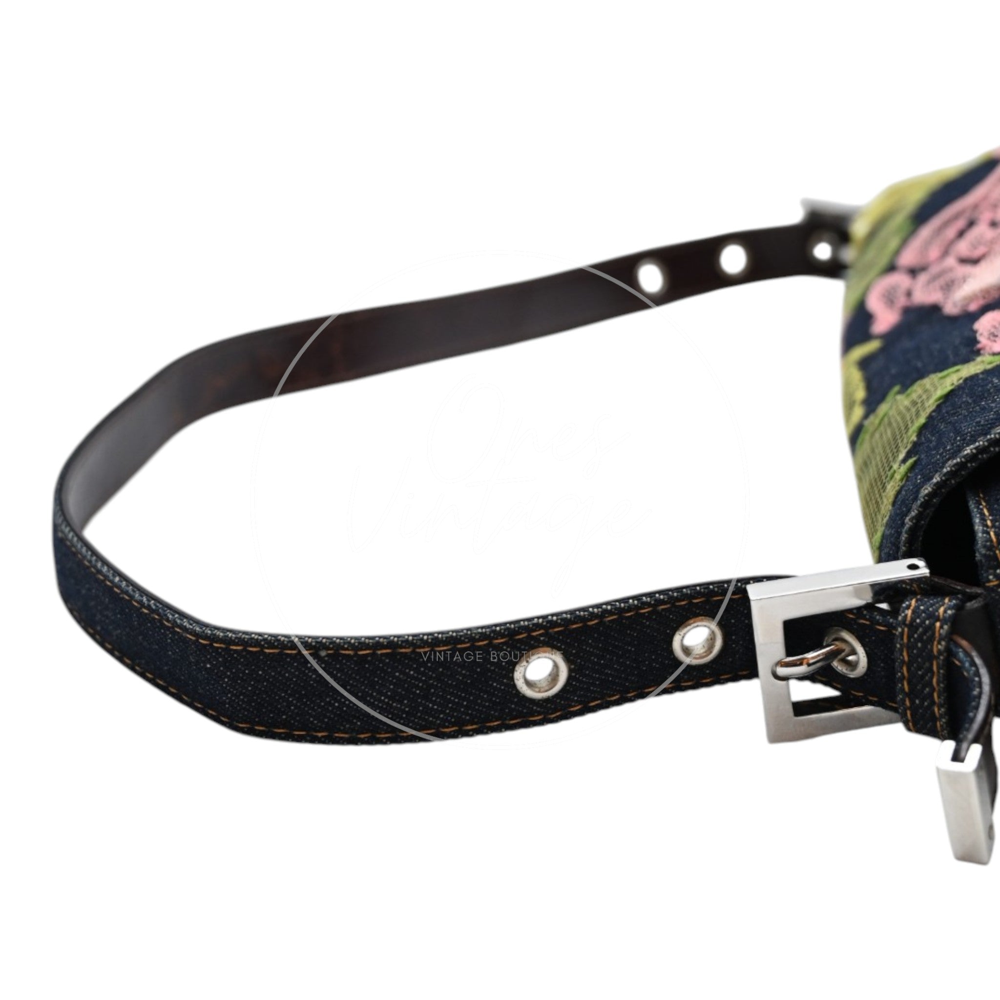 Fendi Denim Floral Baguette Handbag