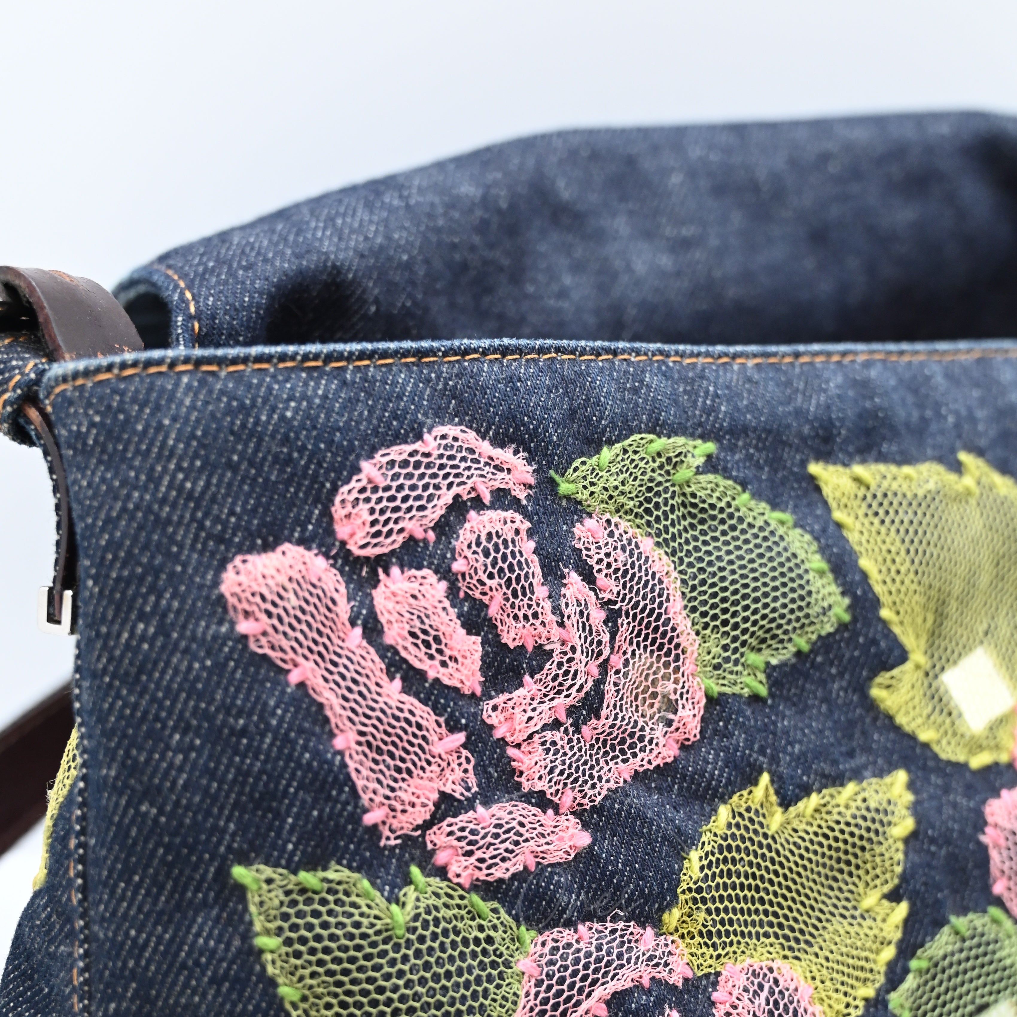 Fendi Denim Floral Baguette Handbag