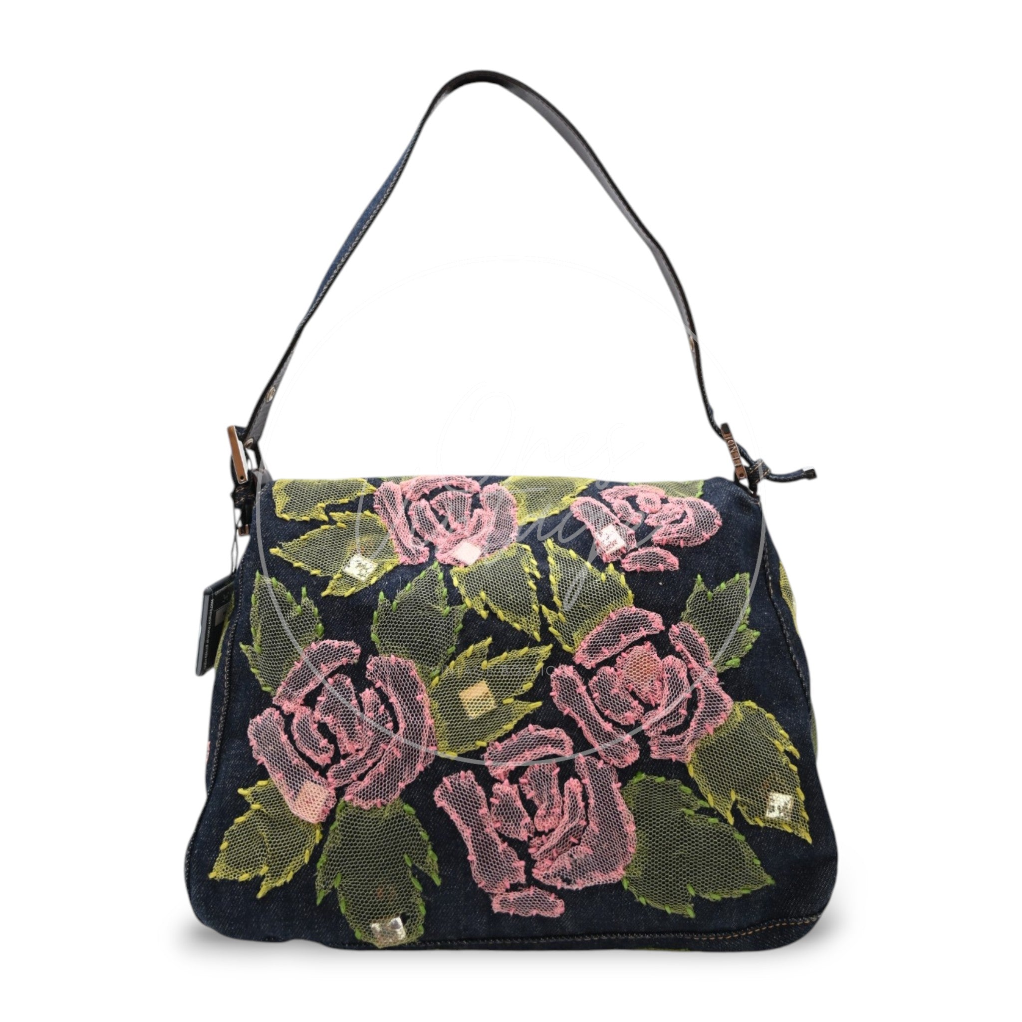Fendi Denim Floral Baguette Handbag