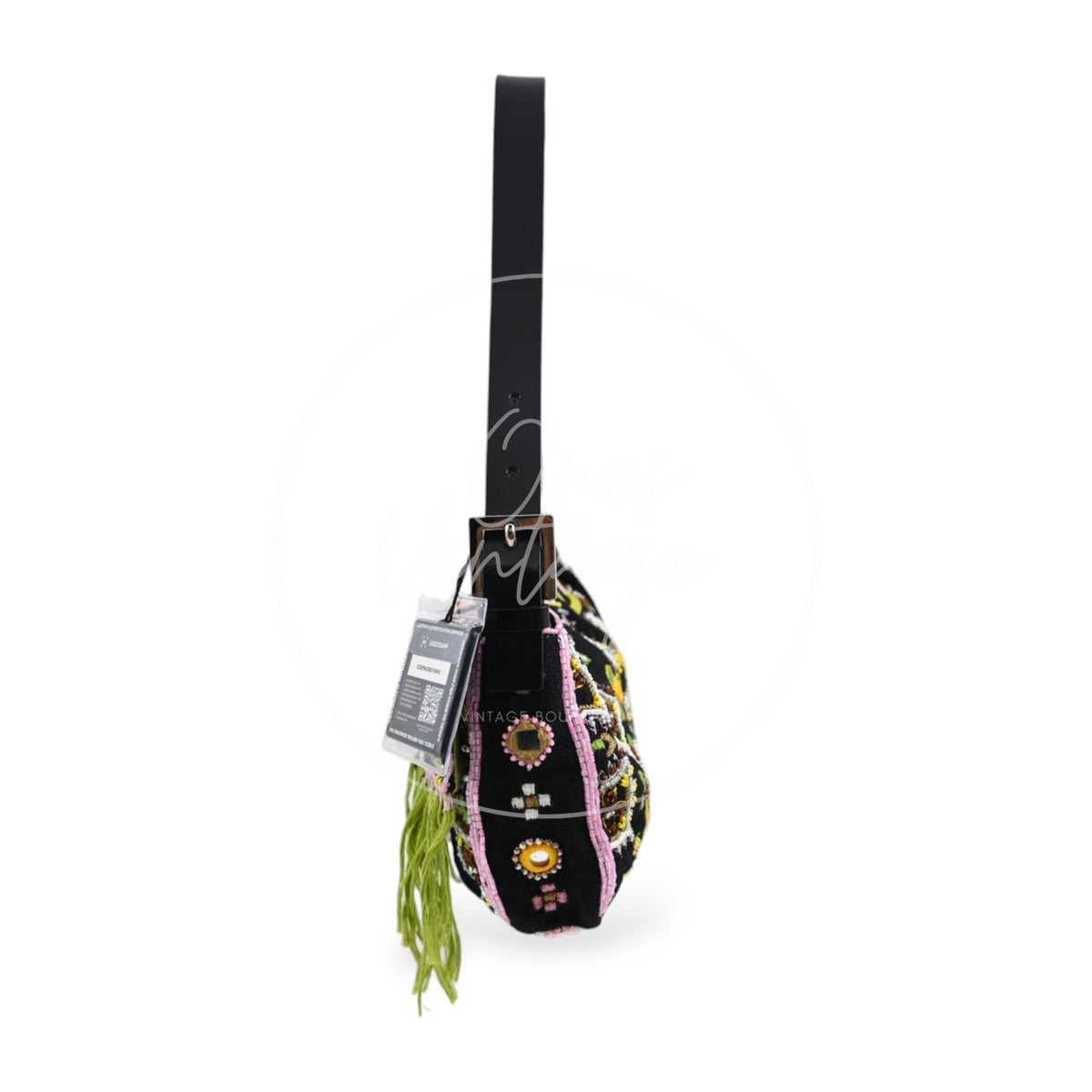 Fendi 2000s Multicolor Beadwork Fringe Cloth Embellished Baguette Shoulder Bag
