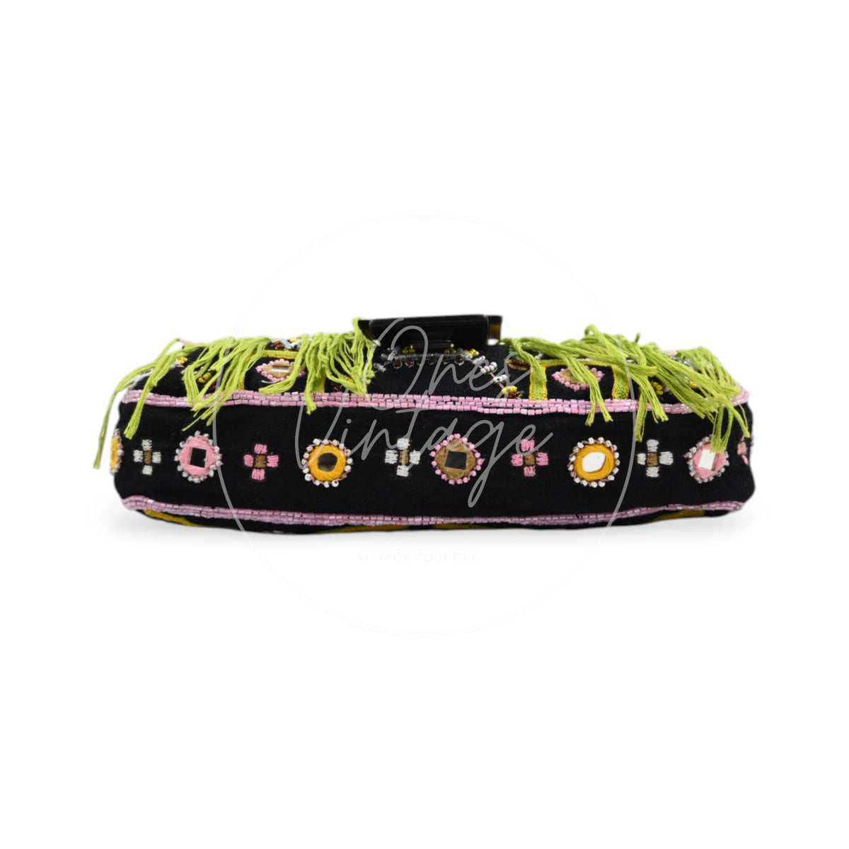 Fendi 2000s Multicolor Beadwork Fringe Cloth Embellished Baguette Shoulder Bag