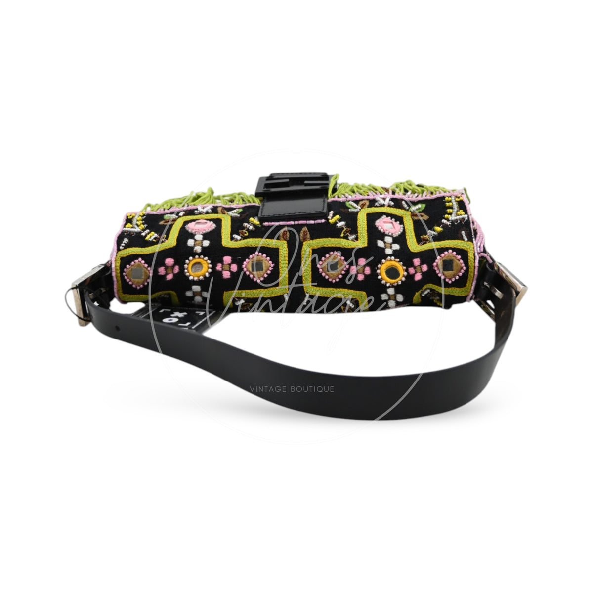 Fendi 2000s Multicolor Beadwork Fringe Cloth Embellished Baguette Shoulder Bag