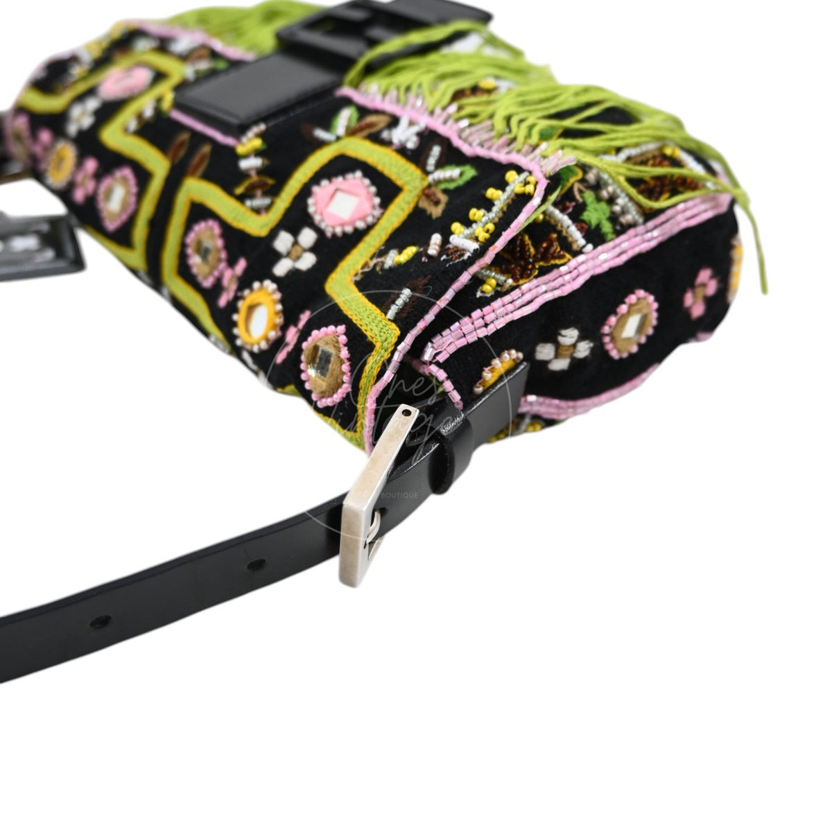 Fendi 2000s Multicolor Beadwork Fringe Cloth Embellished Baguette Shoulder Bag