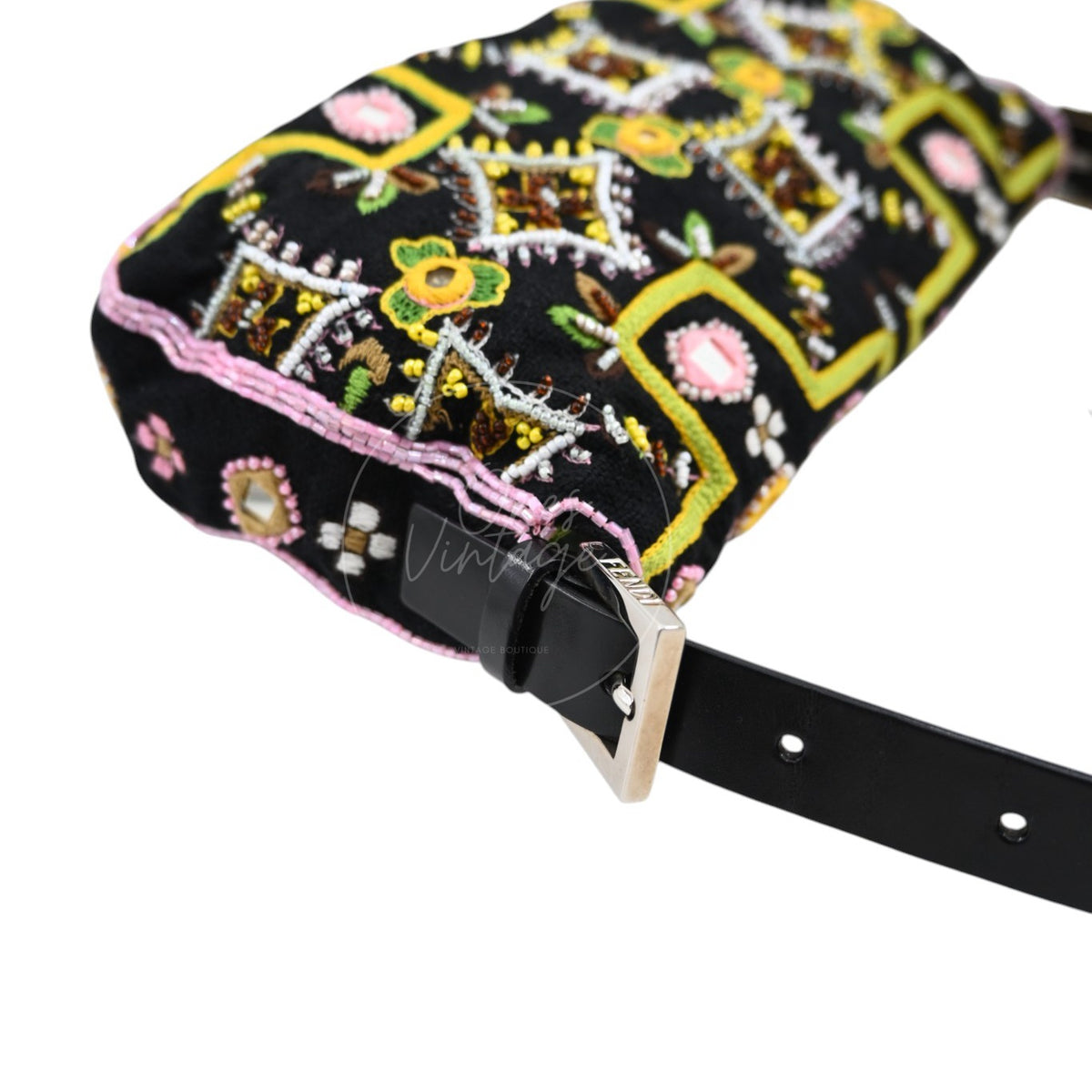 Fendi 2000s Multicolor Beadwork Fringe Cloth Embellished Baguette Shoulder Bag