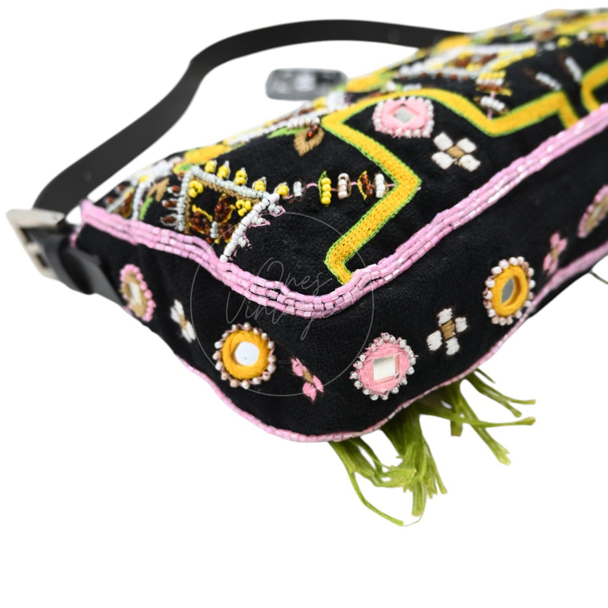 Fendi 2000s Multicolor Beadwork Fringe Cloth Embellished Baguette Shoulder Bag