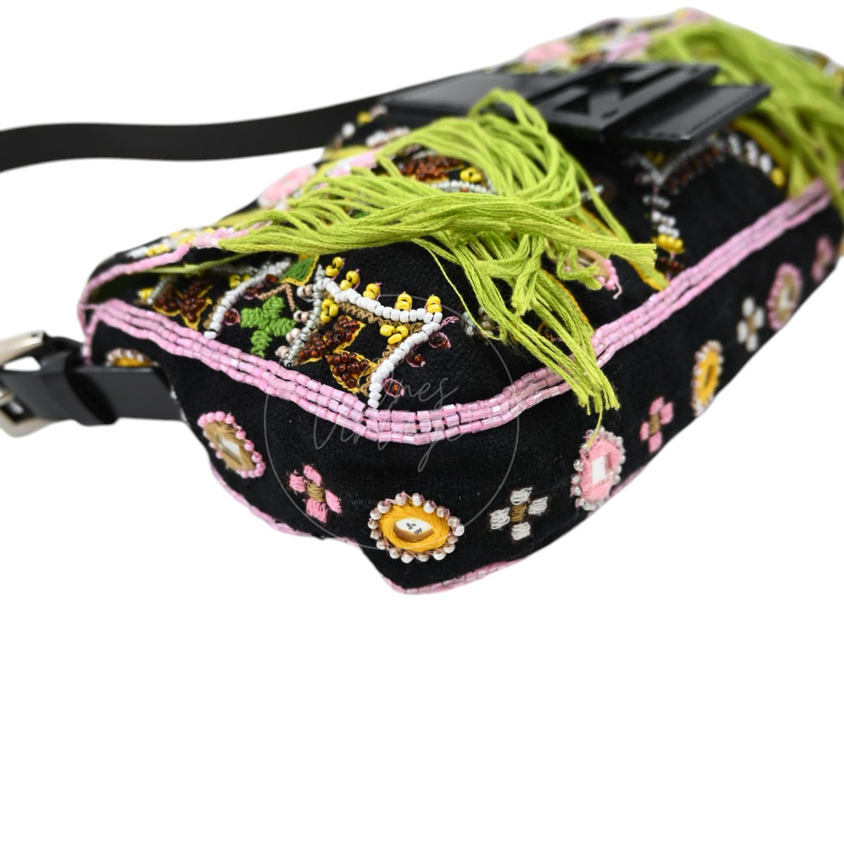 Fendi 2000s Multicolor Beadwork Fringe Cloth Embellished Baguette Shoulder Bag