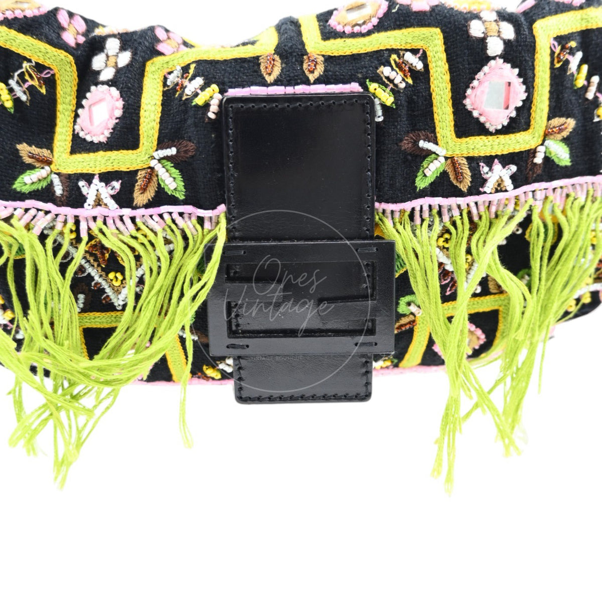 Fendi 2000s Multicolor Beadwork Fringe Cloth Embellished Baguette Shoulder Bag