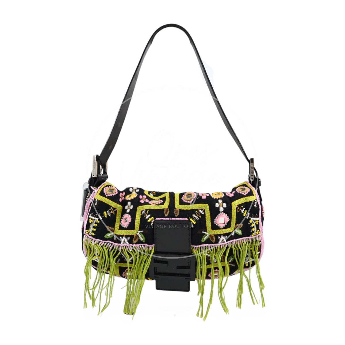 Fendi 2000s Multicolor Beadwork Fringe Cloth Embellished Baguette Shoulder Bag