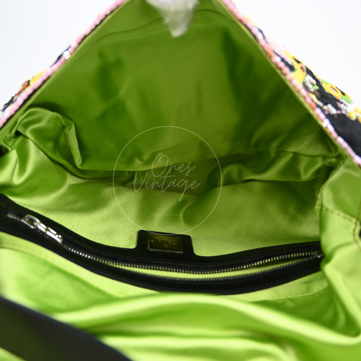 Fendi 2000s Multicolor Beadwork Fringe Cloth Embellished Baguette Shoulder Bag
