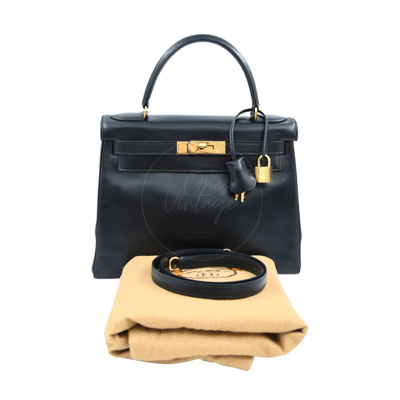 [Pre-owned] Hermes Kelly 28 Retourne Black Box Leather GHW Handbag