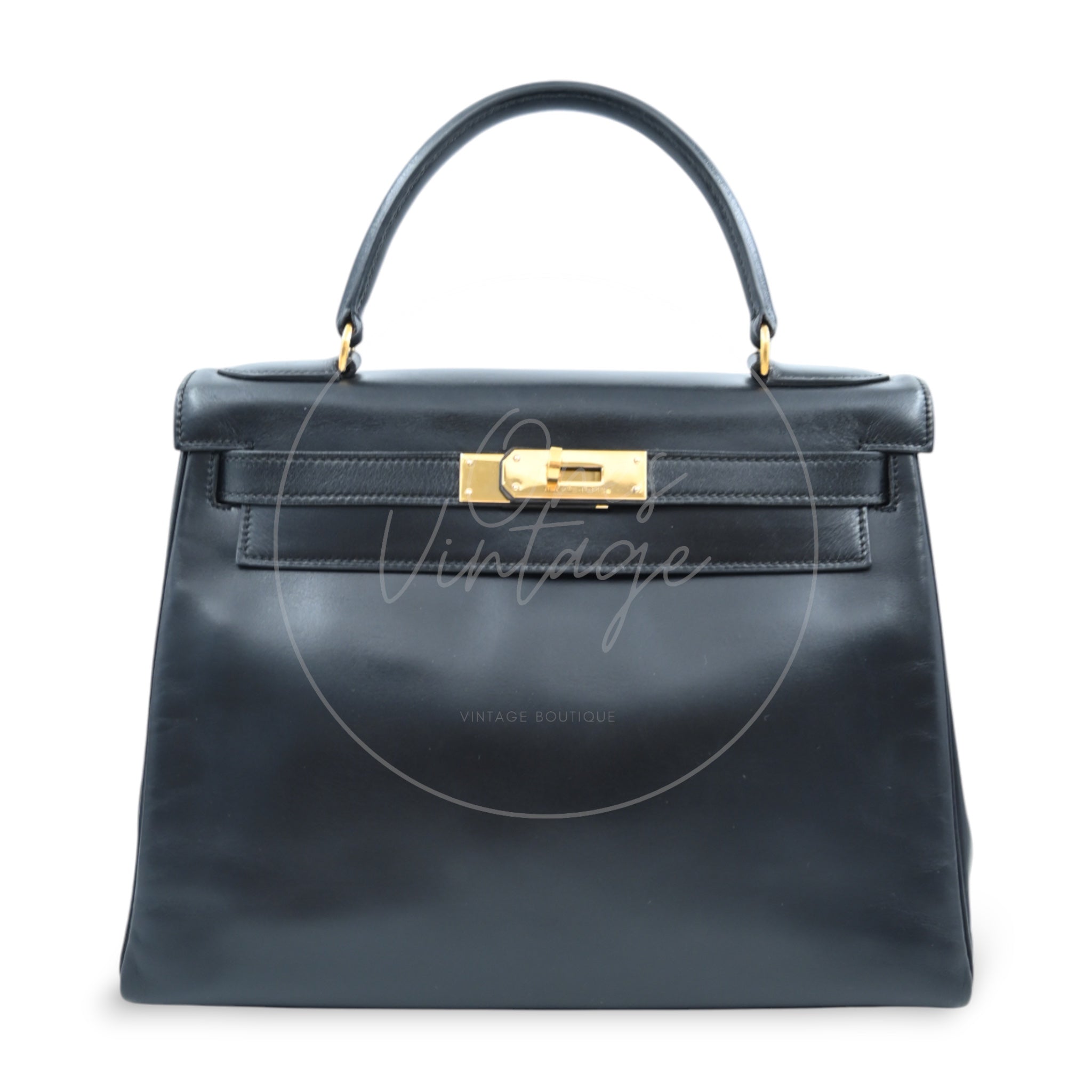 [Pre-owned] Hermes Kelly 28 Retourne Black Box Leather GHW Handbag