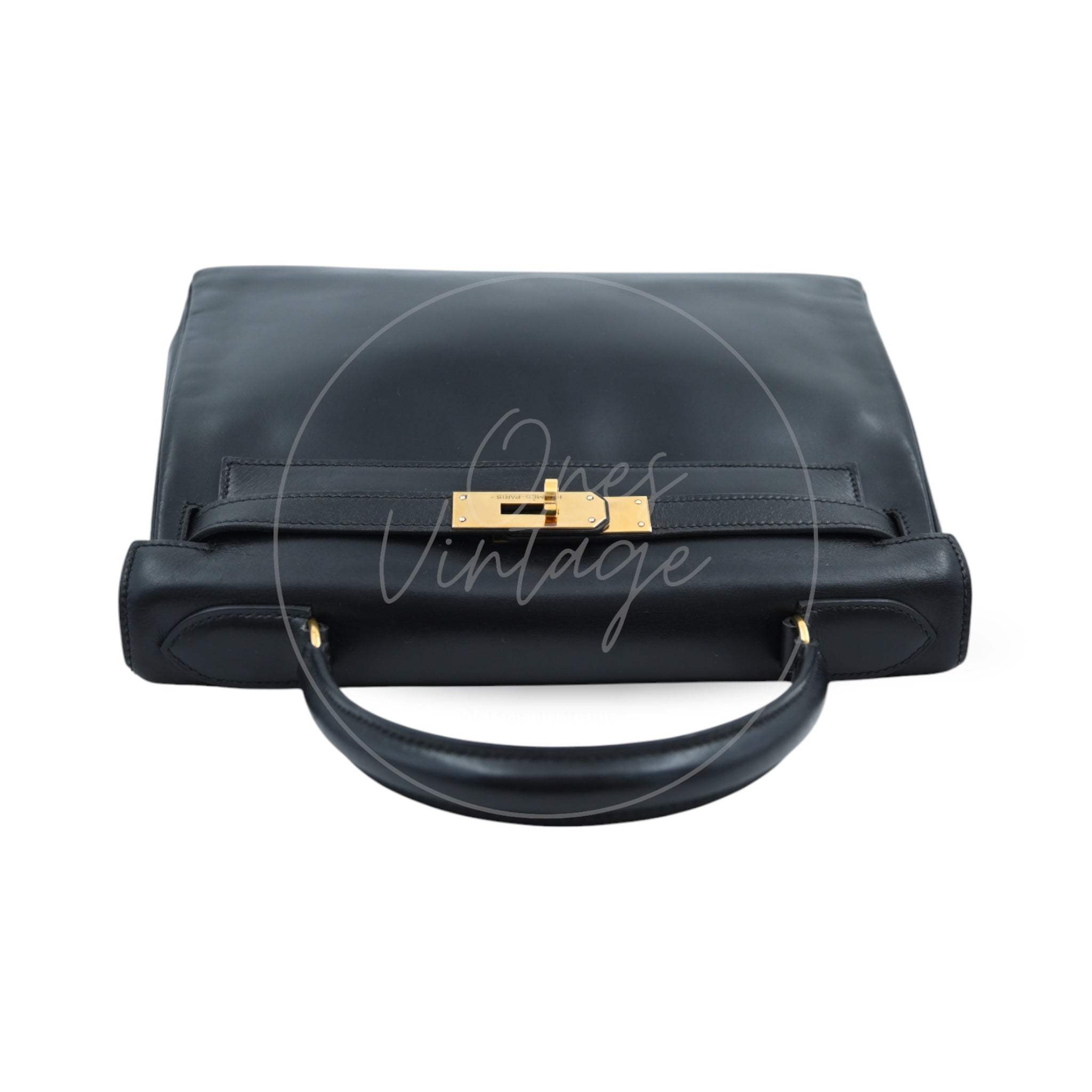 [Pre-owned] Hermes Kelly 28 Retourne Black Box Leather GHW Handbag