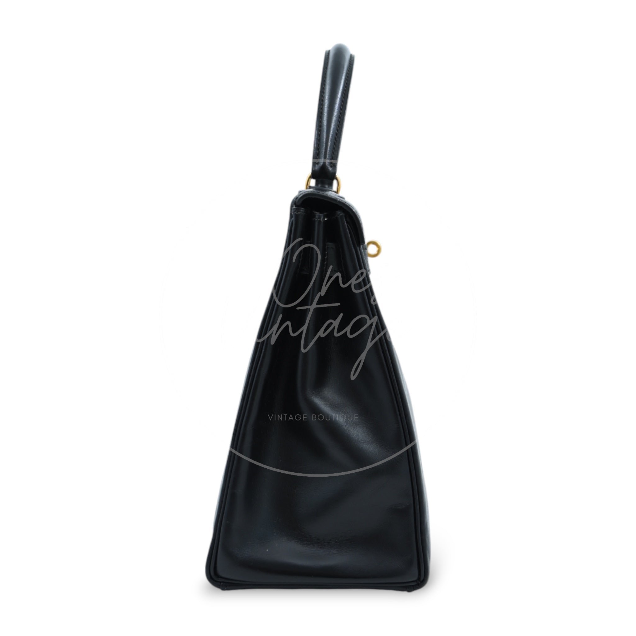 [Pre-owned] Hermes Kelly 28 Retourne Black Box Leather GHW Handbag