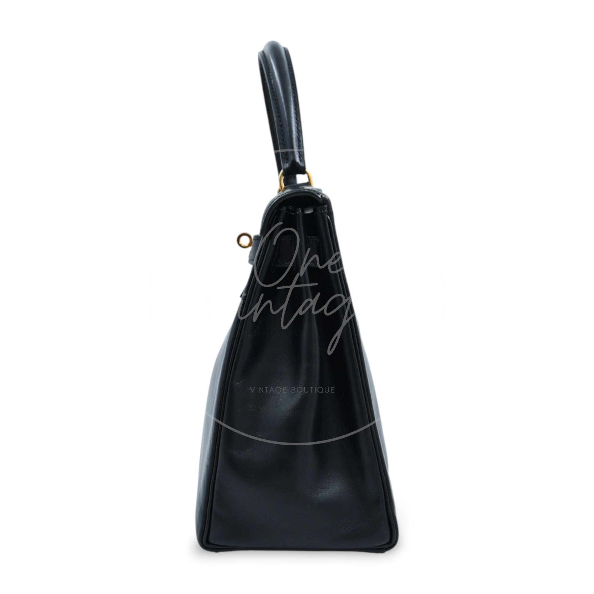 [Pre-owned] Hermes Kelly 28 Retourne Black Box Leather GHW Handbag