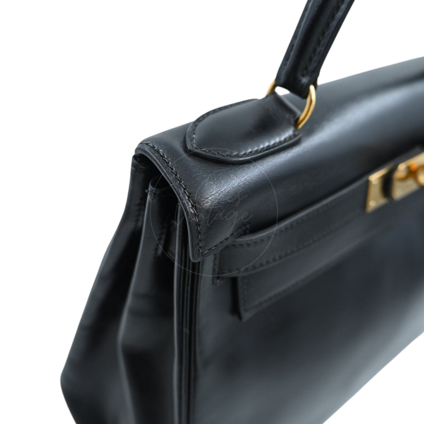 [Pre-owned] Hermes Kelly 28 Retourne Black Box Leather GHW Handbag