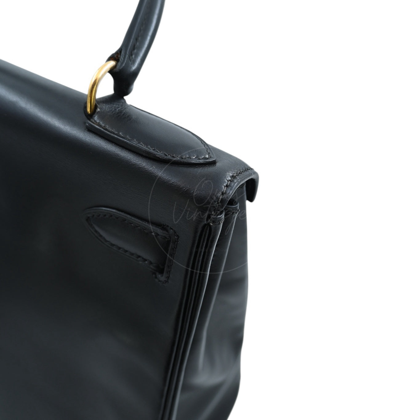 [Pre-owned] Hermes Kelly 28 Retourne Black Box Leather GHW Handbag