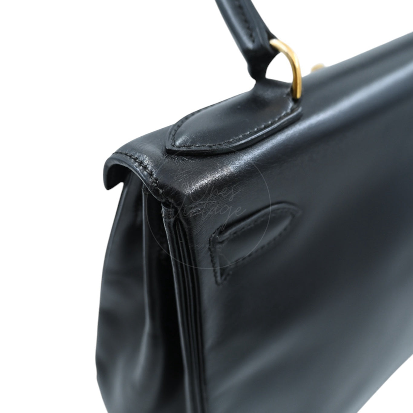 [Pre-owned] Hermes Kelly 28 Retourne Black Box Leather GHW Handbag