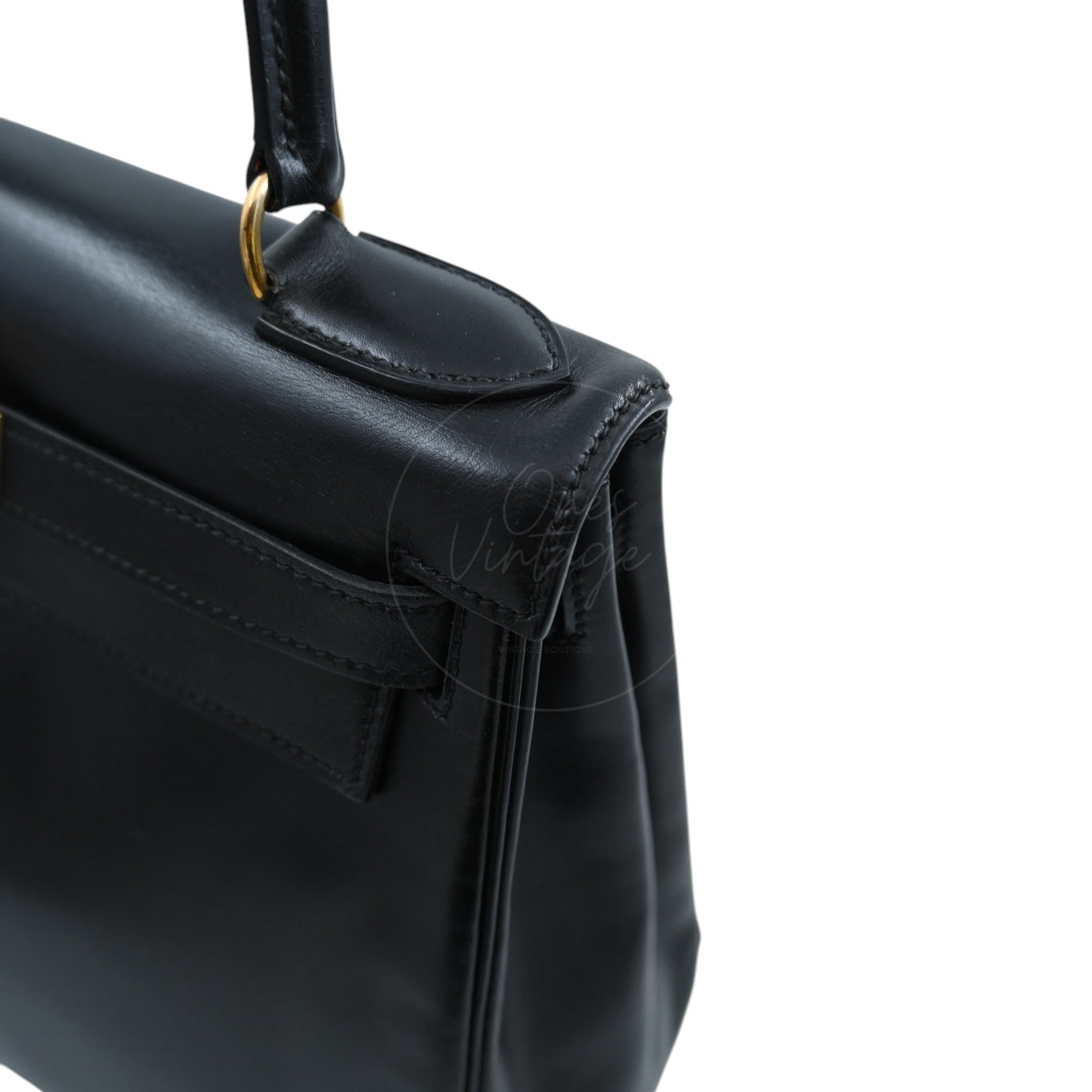 [Pre-owned] Hermes Kelly 28 Retourne Black Box Leather GHW Handbag