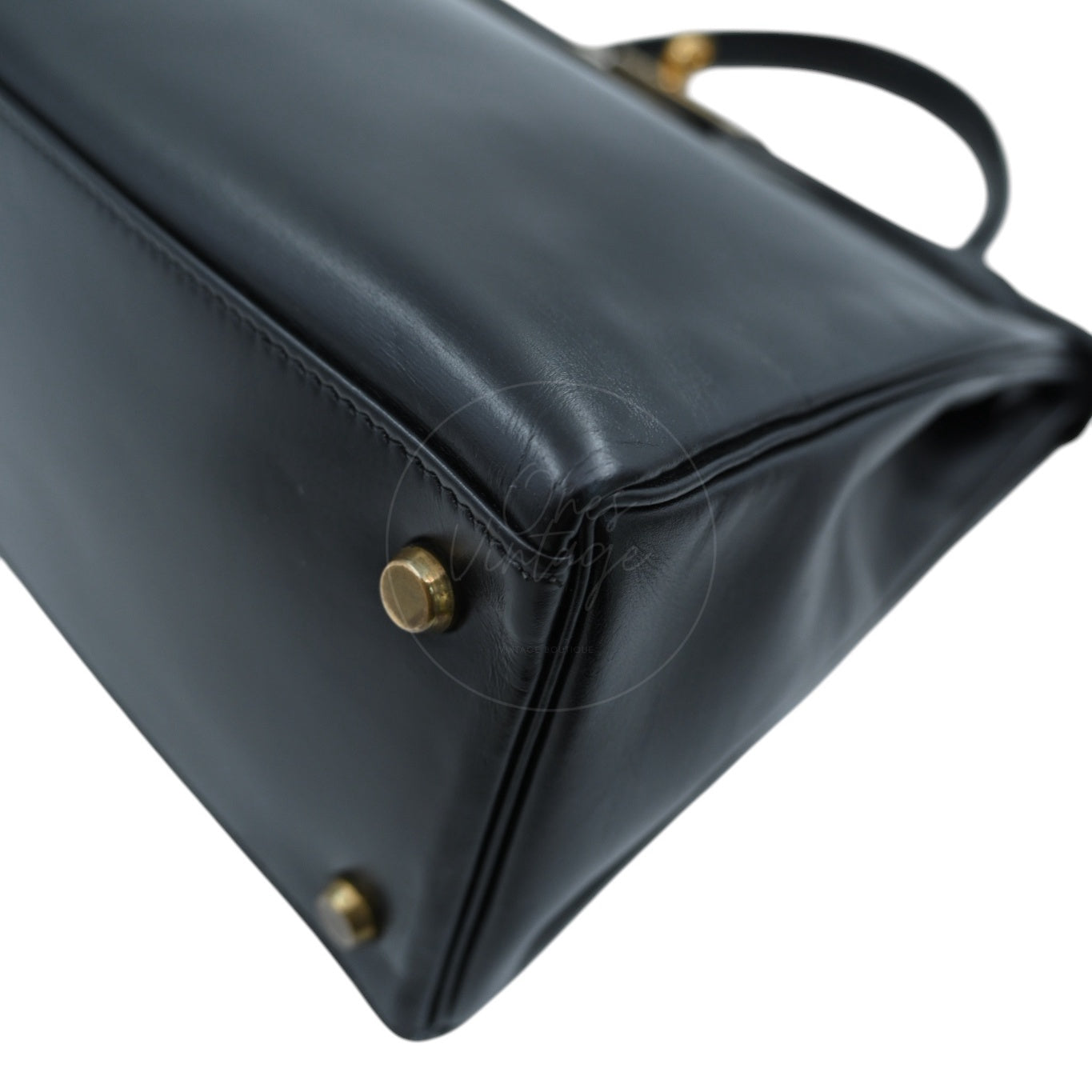[Pre-owned] Hermes Kelly 28 Retourne Black Box Leather GHW Handbag