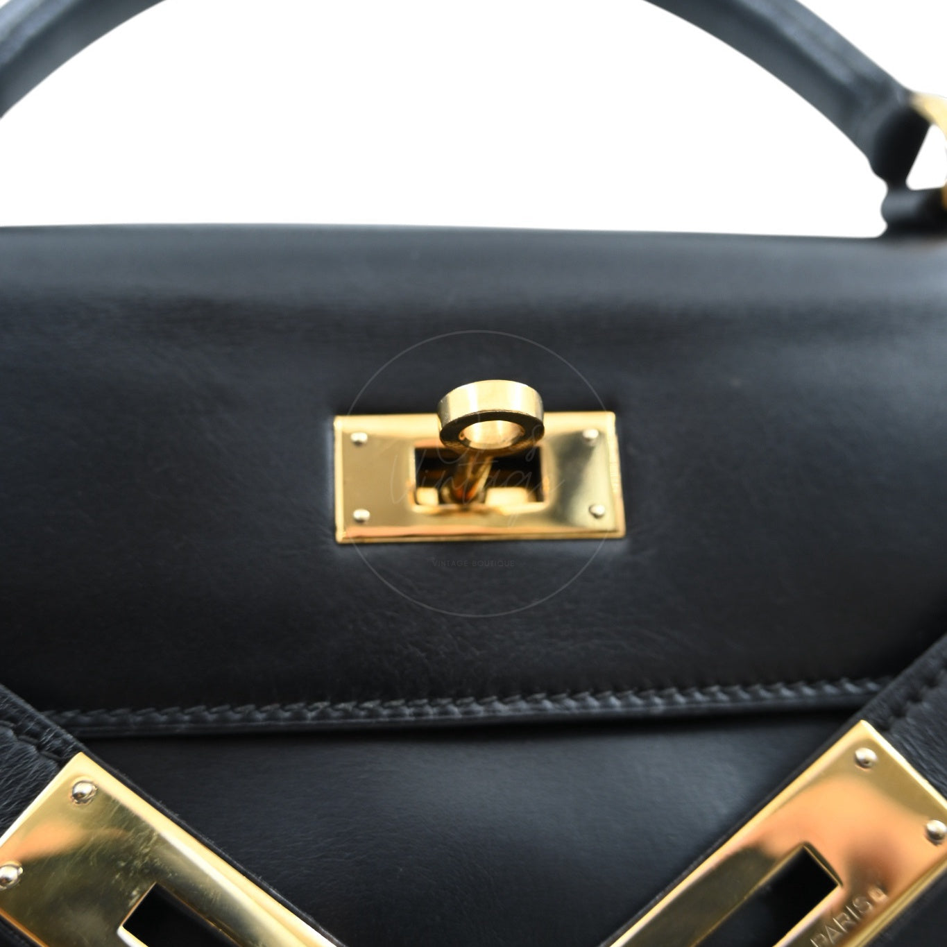[Pre-owned] Hermes Kelly 28 Retourne Black Box Leather GHW Handbag