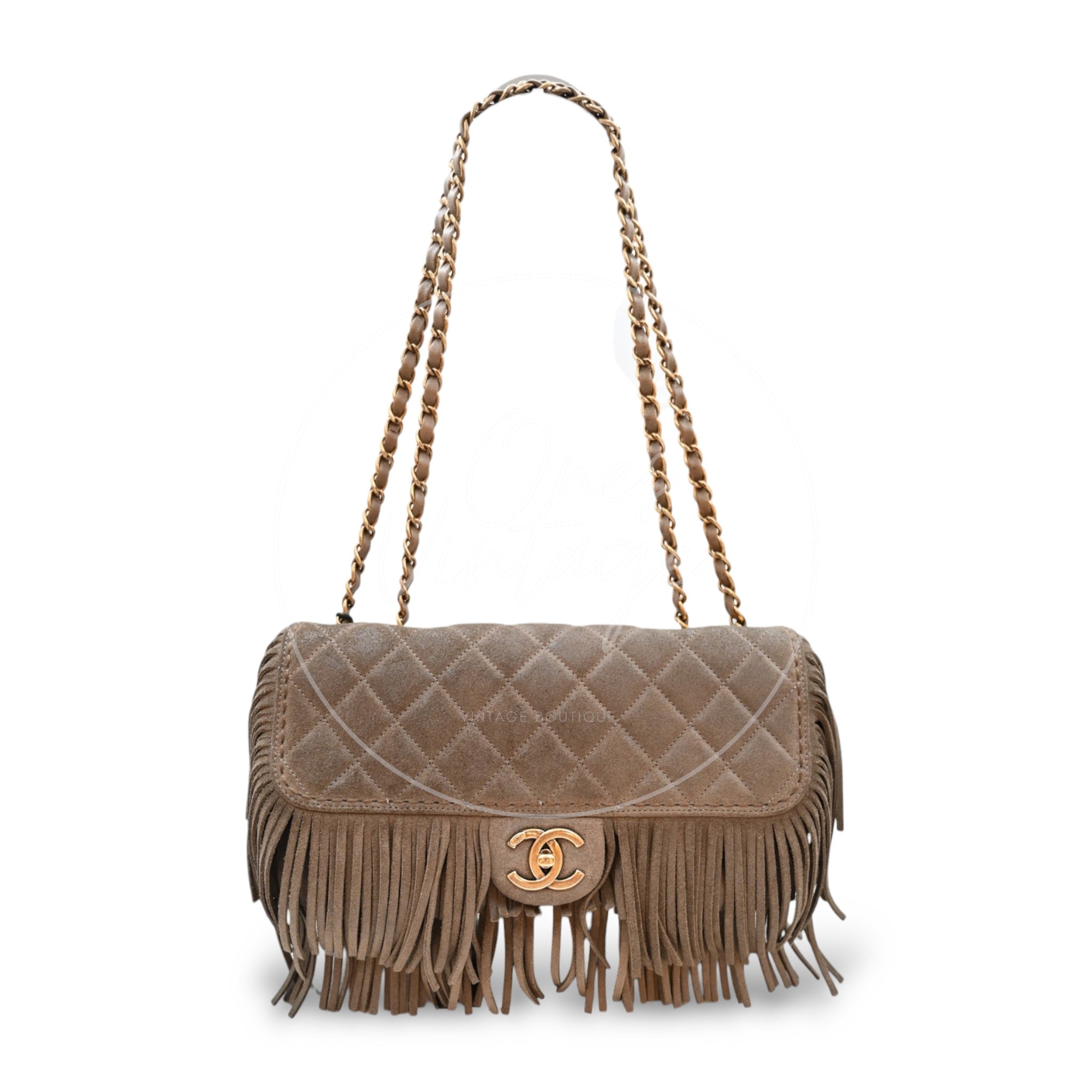 Chanel Paris Dallas Fringe Taupe Suede Flap Bag GHW Series 19