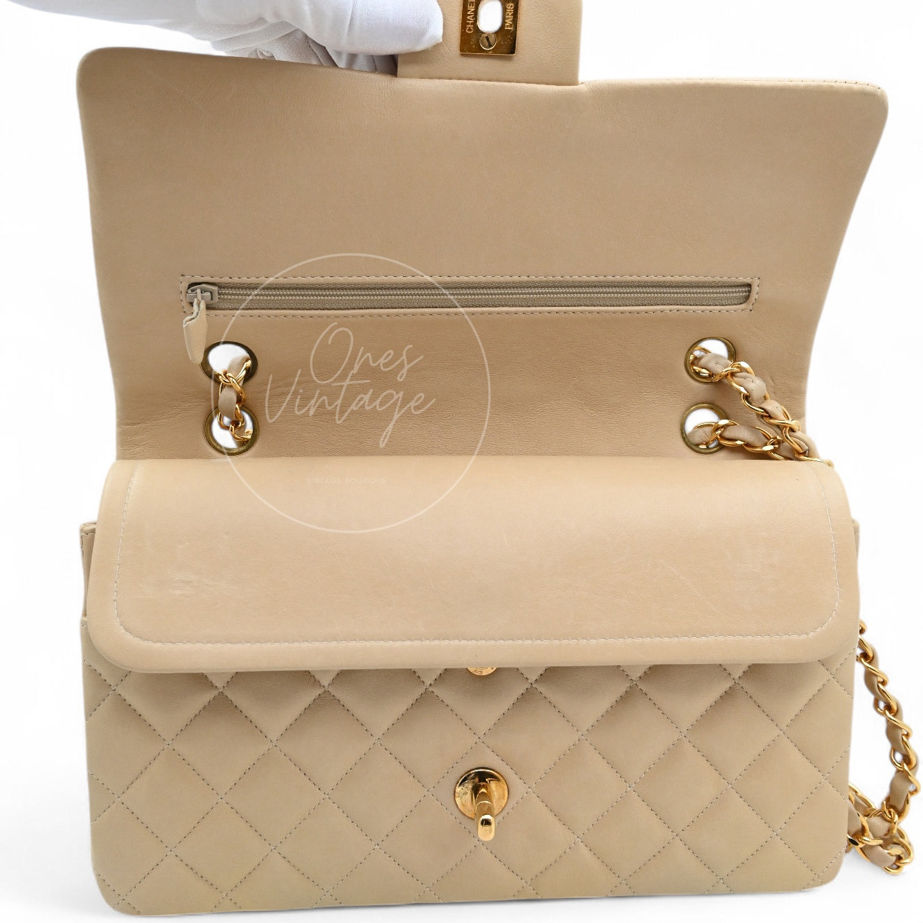 [Pre-owned] Chanel CF25 Medium Classic Flap Bag Beige GHW