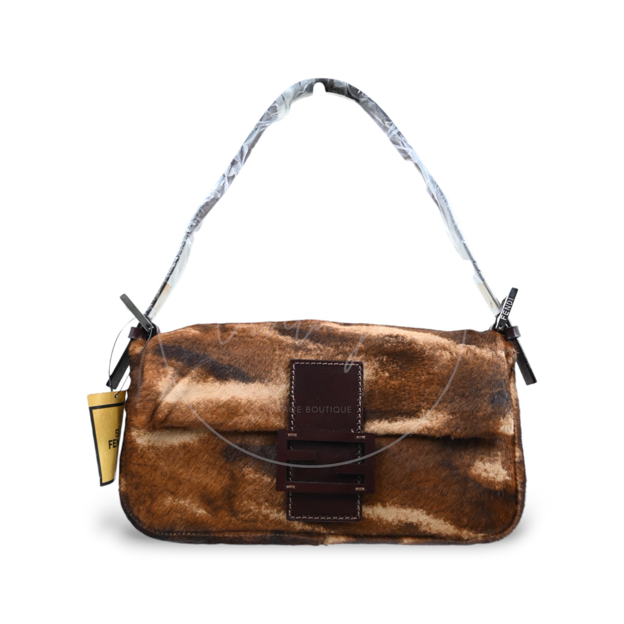 [Pre-owned] Fendi Brown Pony Hair Calf Skin Baguette Shoulder Bag