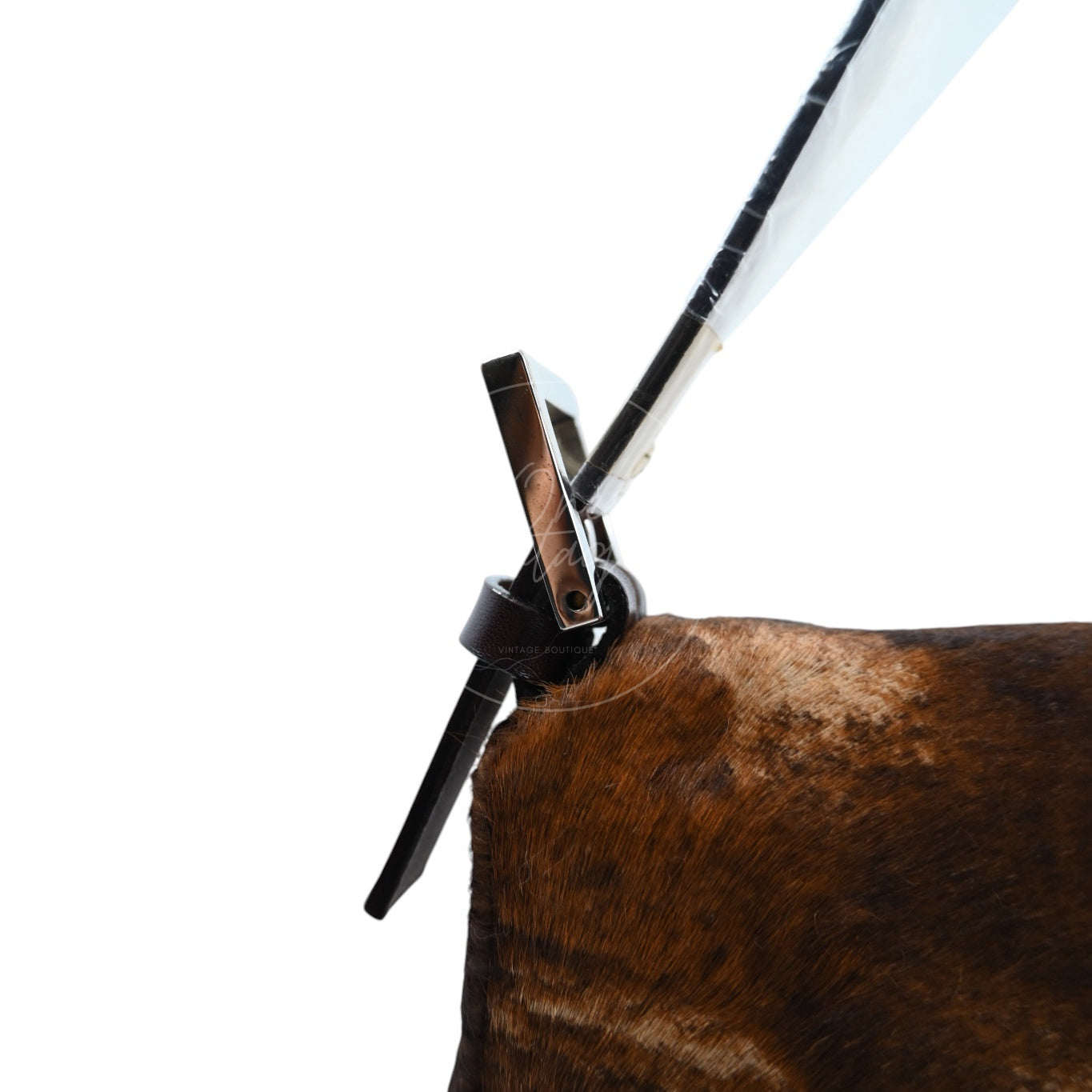 [Pre-owned] Fendi Brown Pony Hair Calf Skin Baguette Shoulder Bag