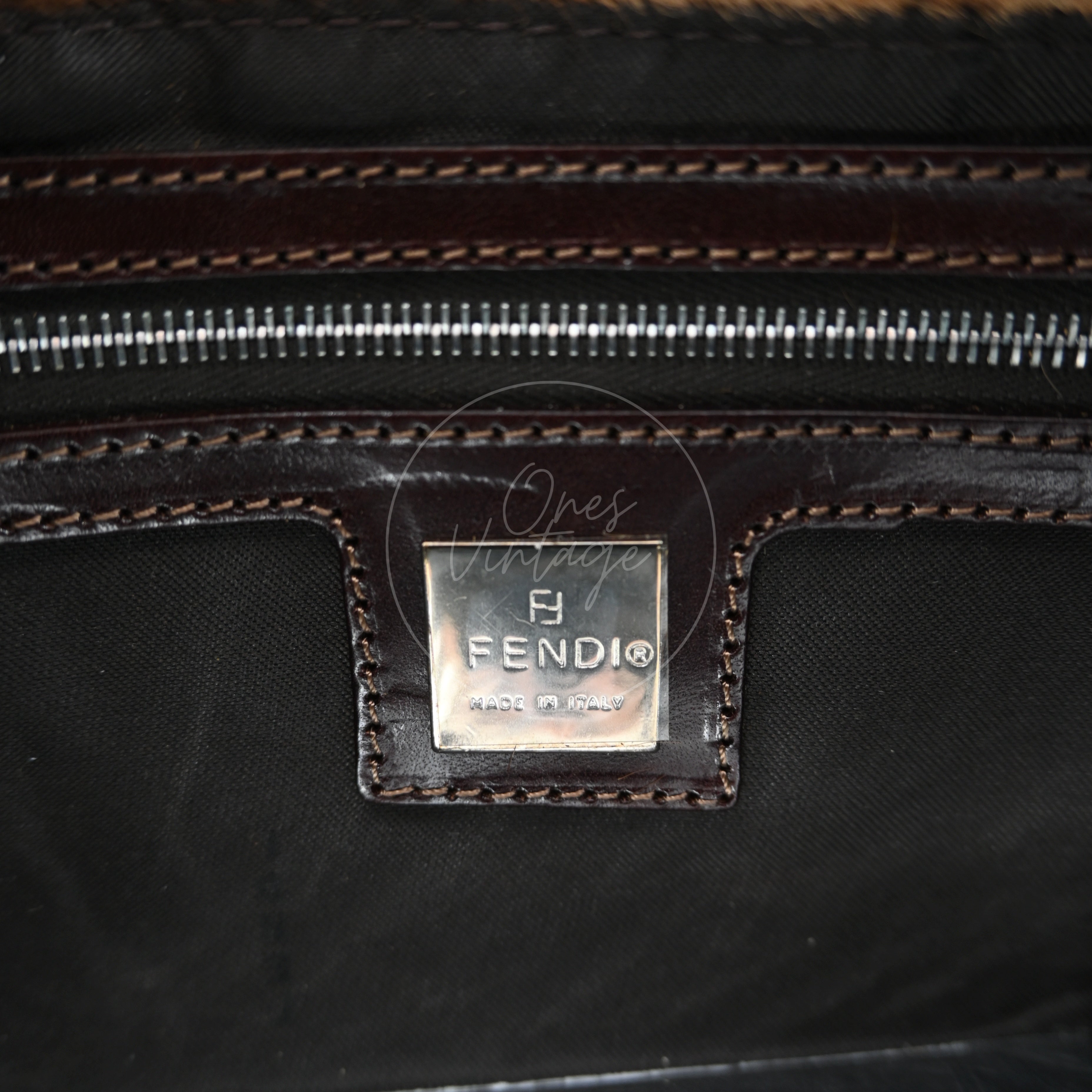 [Pre-owned] Fendi Brown Pony Hair Calf Skin Baguette Shoulder Bag
