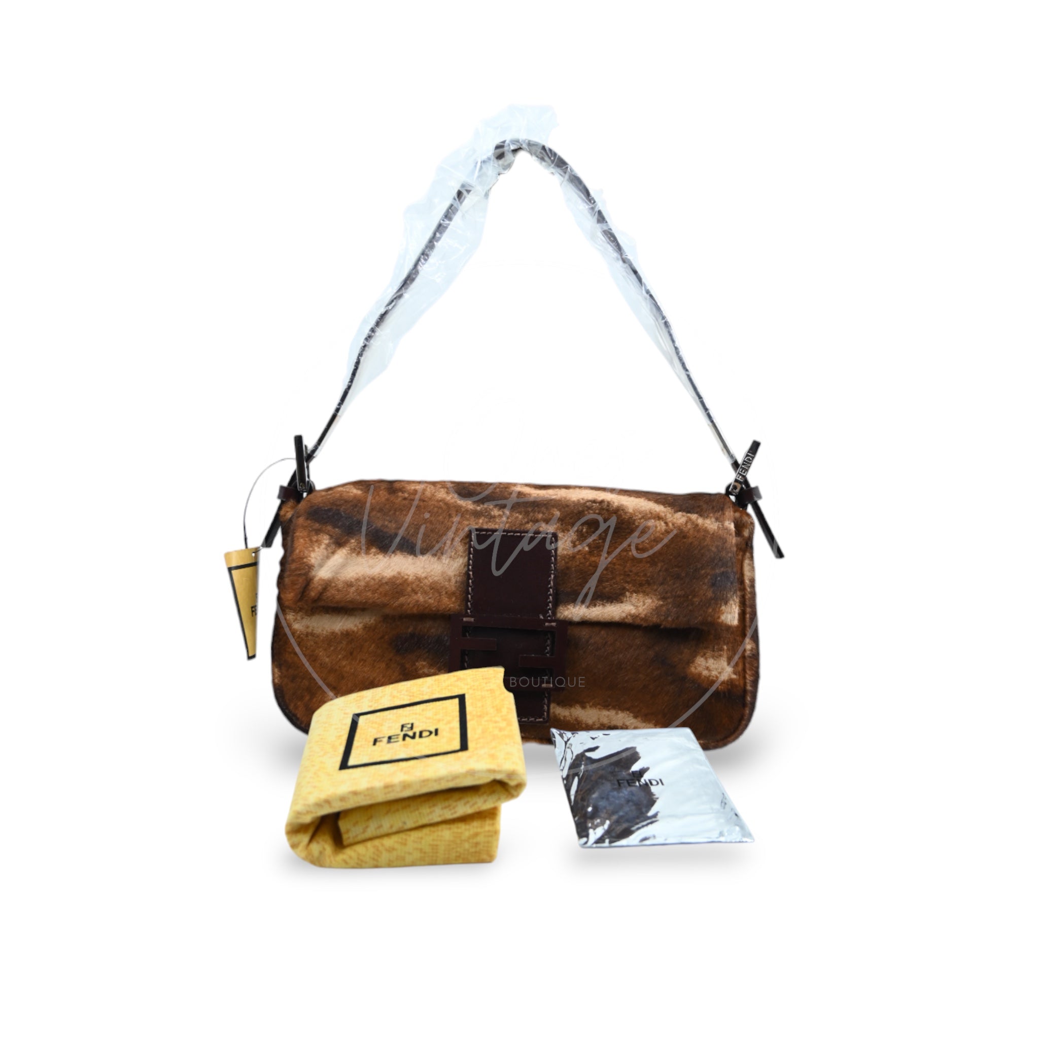 [Pre-owned] Fendi Brown Pony Hair Calf Skin Baguette Shoulder Bag