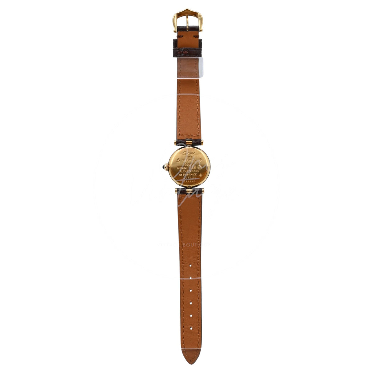 Cartier Must Vendôme SM quartz watch with ivory Roman numeral dial and brown leather strap, full rear view showing round case back and tan lining