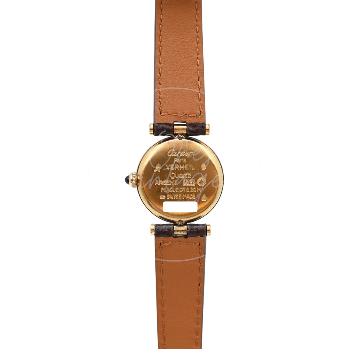 Cartier Must Vendôme SM quartz watch with ivory Roman numeral dial and brown leather strap, engraved round vermeil case back and stitched strap lining