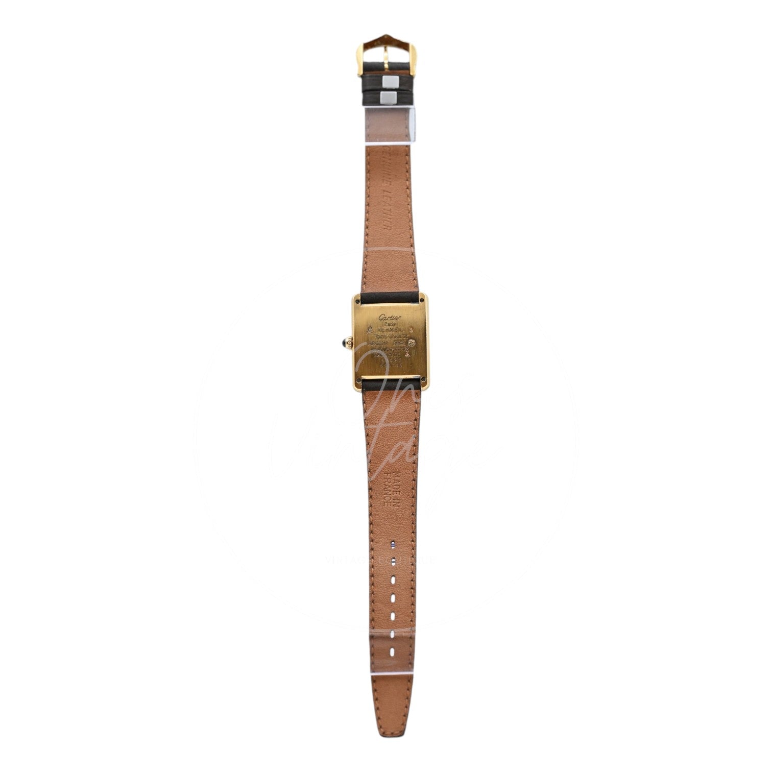 Cartier Must de Tank Trinity dial quartz watch with dark brown leather strap, full rear view showing case back and brown strap lining
