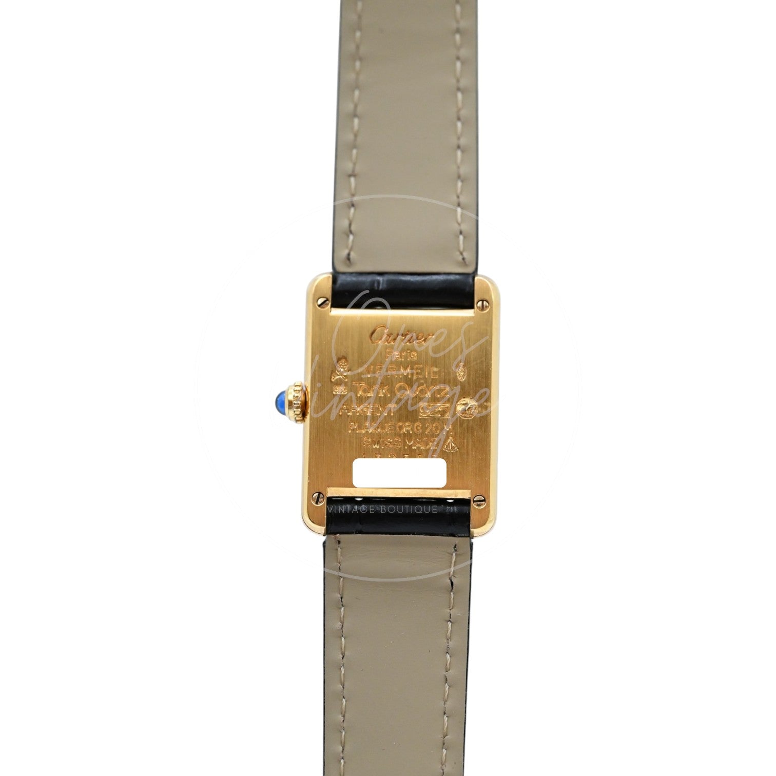 Cartier Must de Tank Trinity dial quartz watch with black leather strap, engraved vermeil case back and stitched strap lining