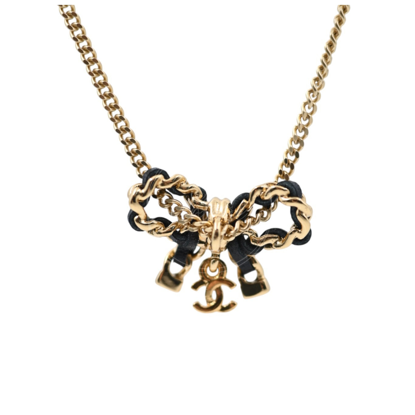 [Pre-owned] Chanel Lambskin CC Bow Necklace Black Gold Necklace